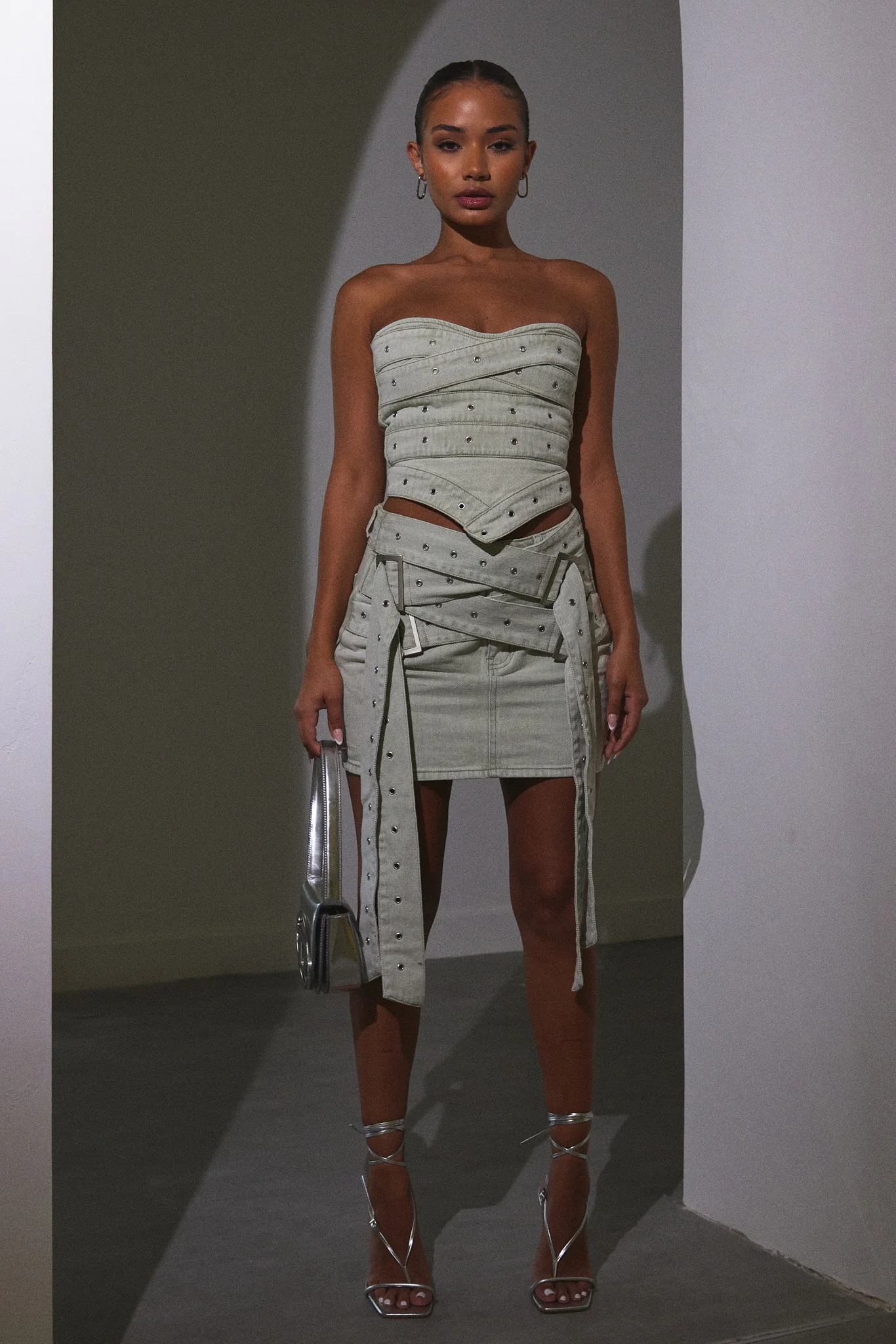 Belted Denim Skirt in Grey Wash - Image 4