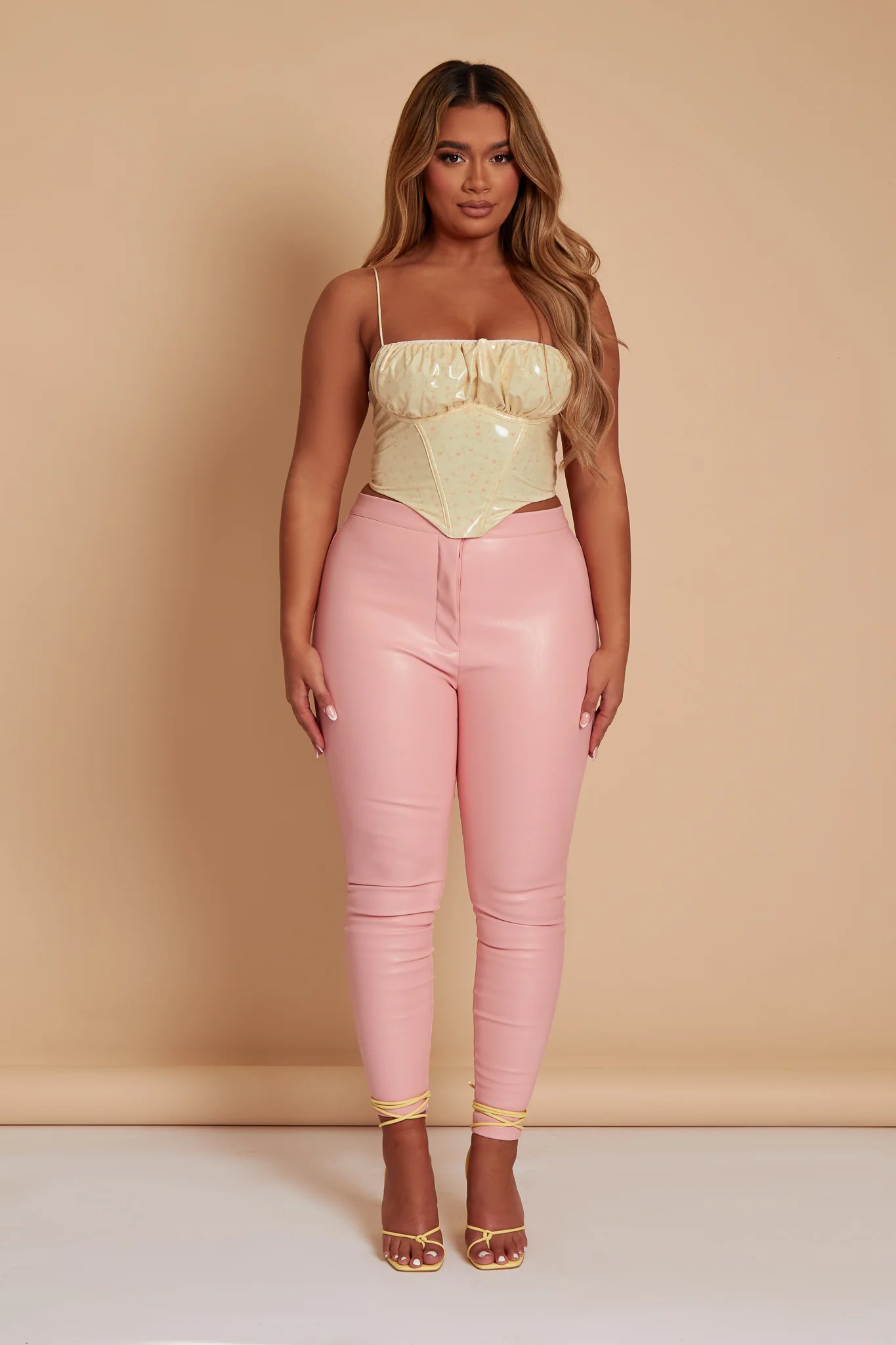 Pastel Yellow PU Floral Crop Top - Image 4