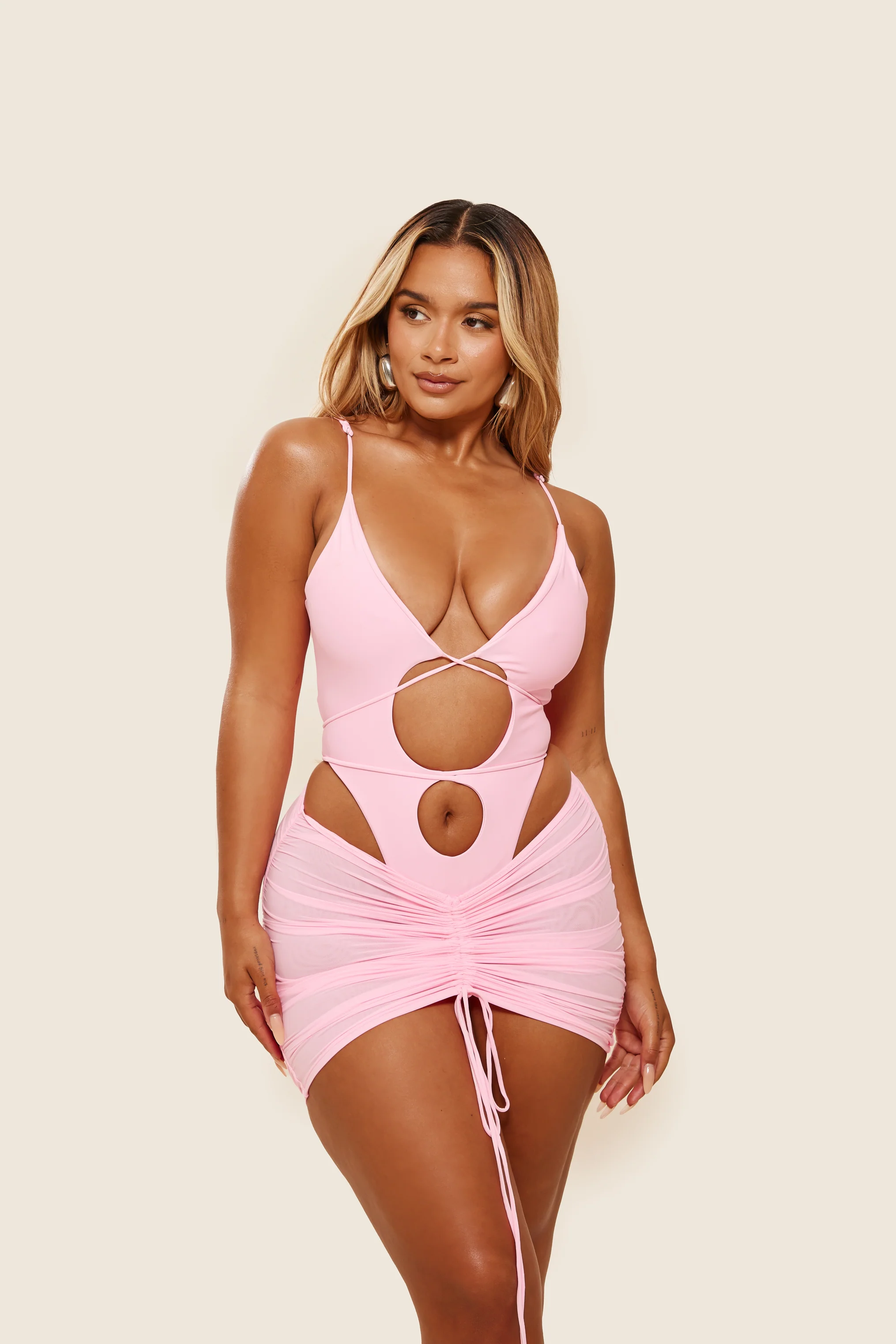 Mesh Ruched Coverup Skirt in Baby Pink - Image 2