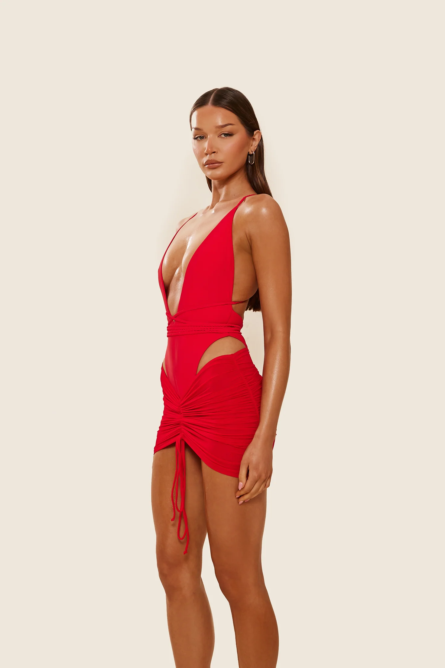 Mesh Ruched Coverup Skirt in Red - Image 2