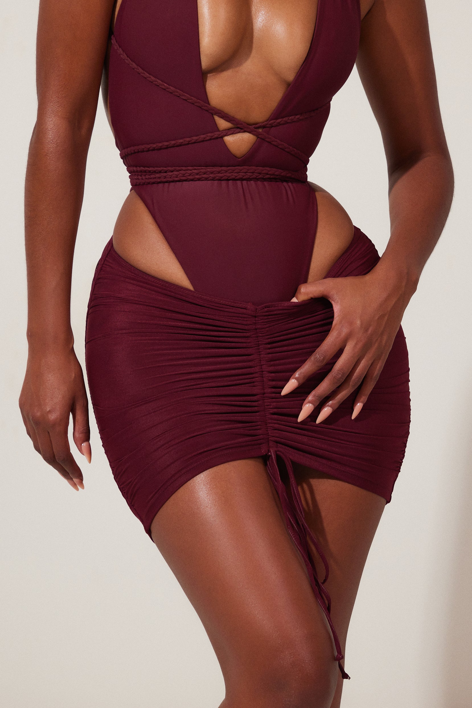 Mesh Ruched Coverup Skirt in Wine - Image 2