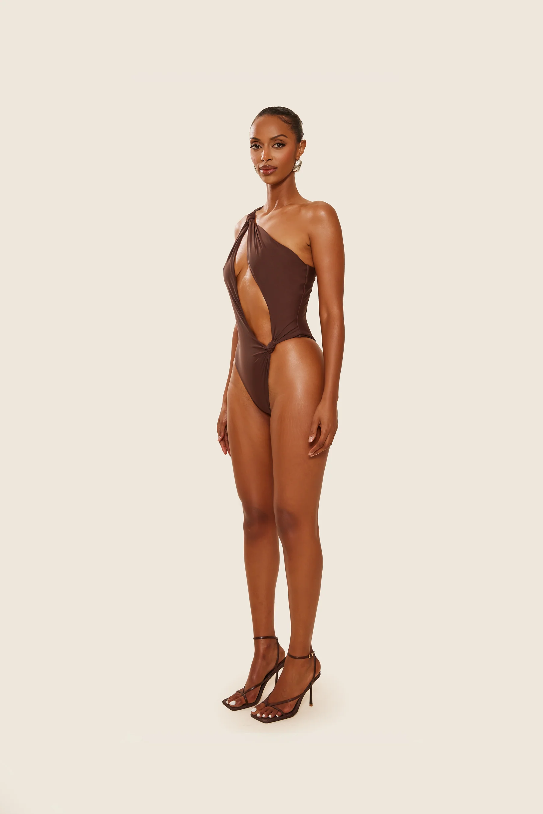 The Asymmetric Knot Detail Swimsuit in Brown - Image 3