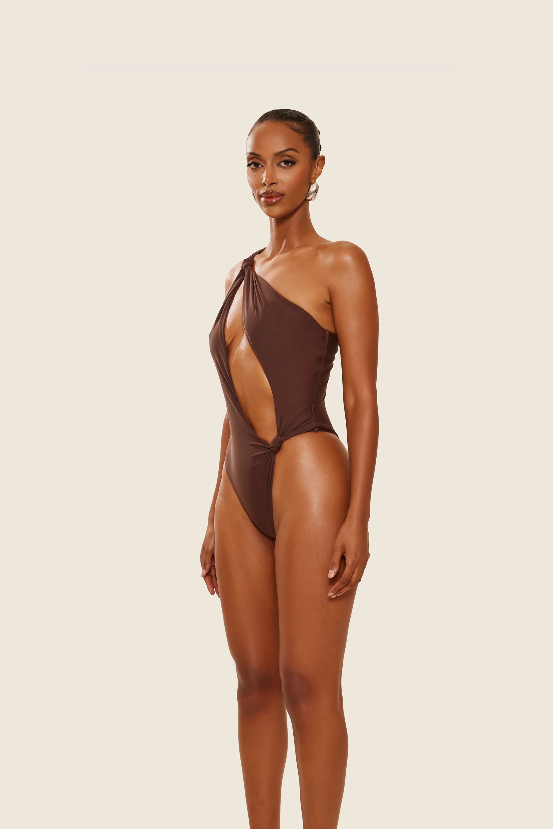 The Asymmetric Knot Detail Swimsuit in Brown - Image 4