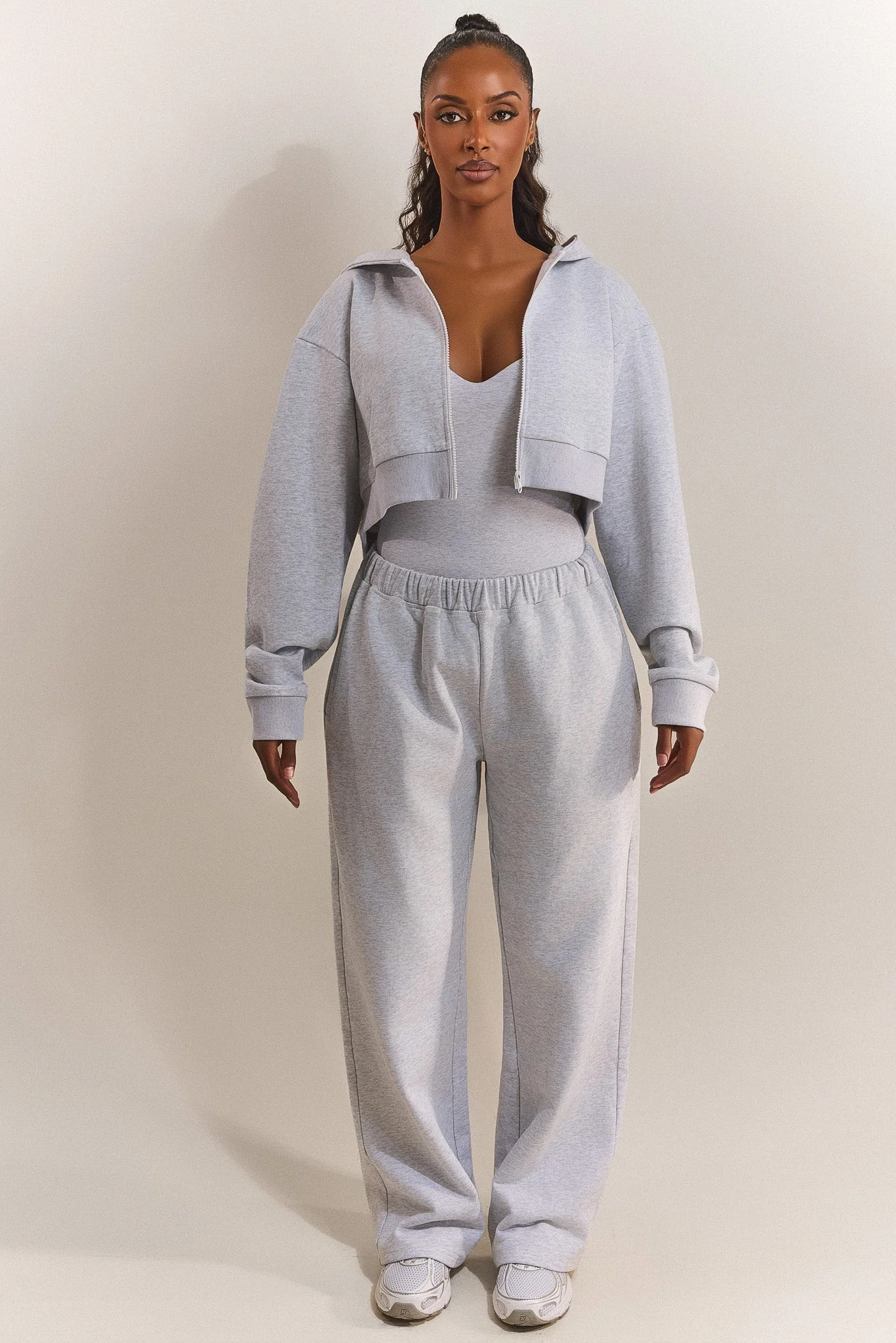 The Basic Crop Zip Hoodie in Grey Marl