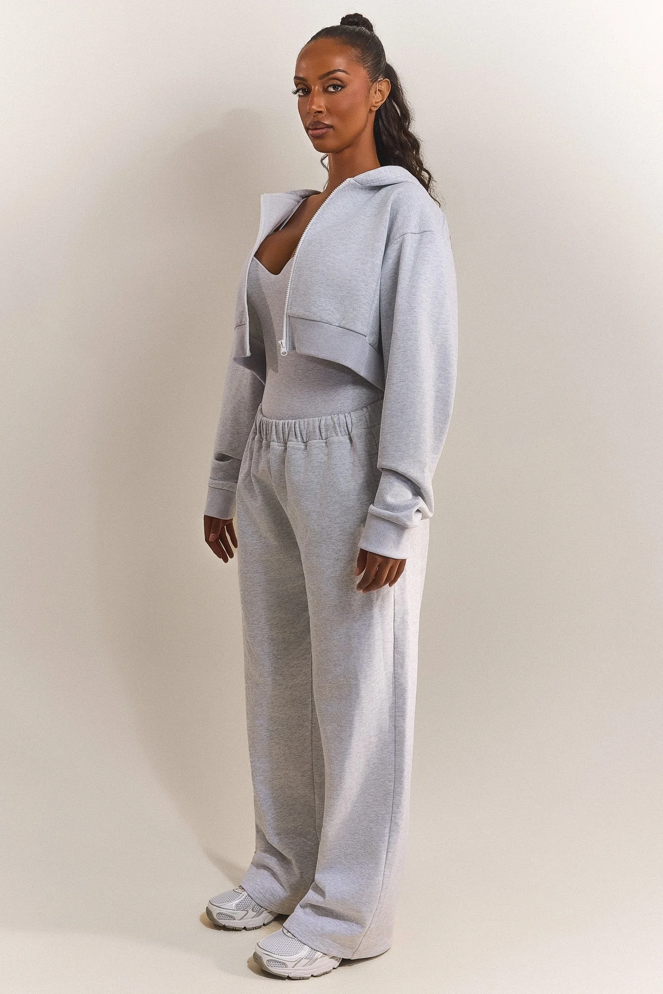 The Basic Crop Zip Hoodie in Grey Marl - Image 3