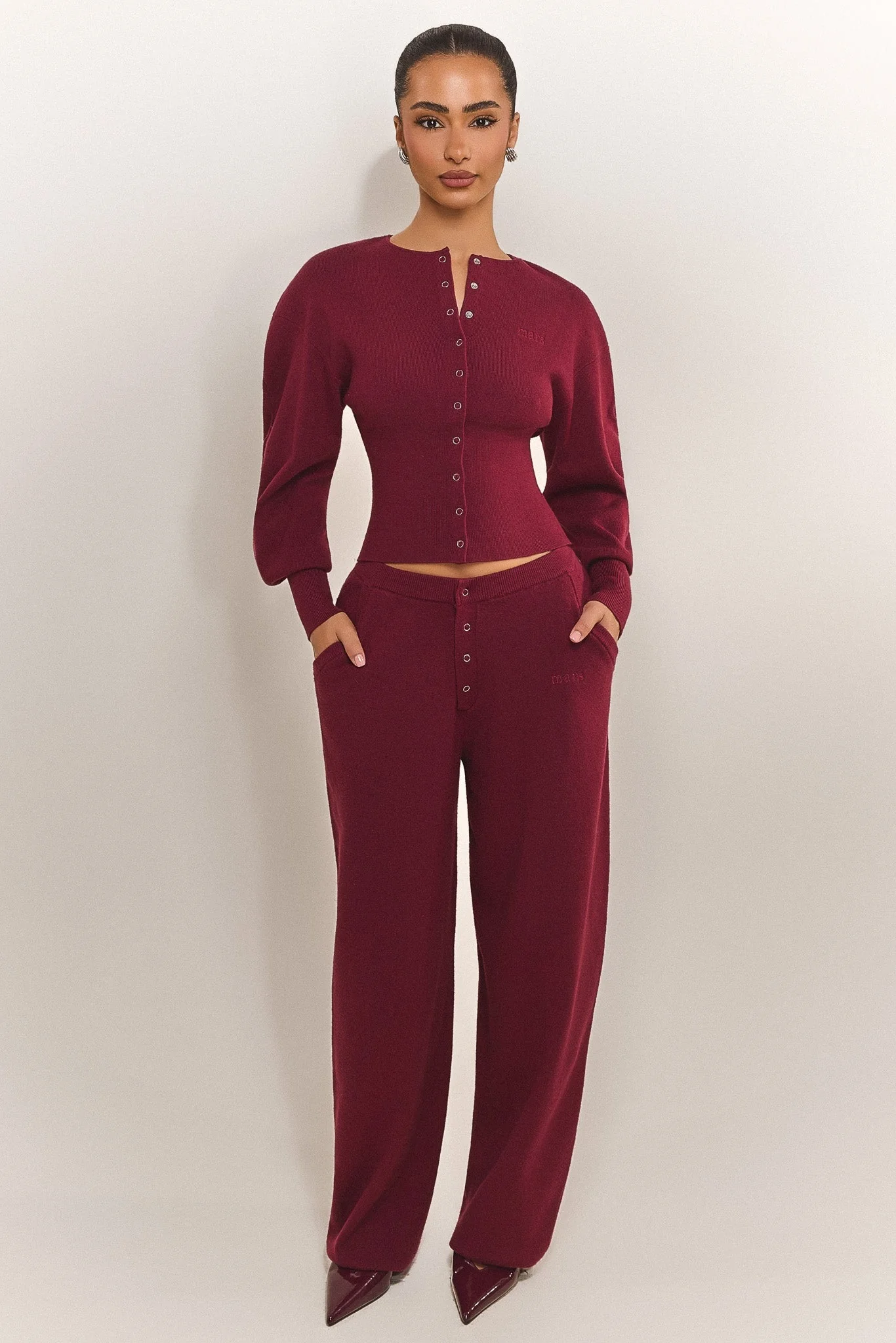 The Knit Button Up Cardigan in Burgundy - Image 2