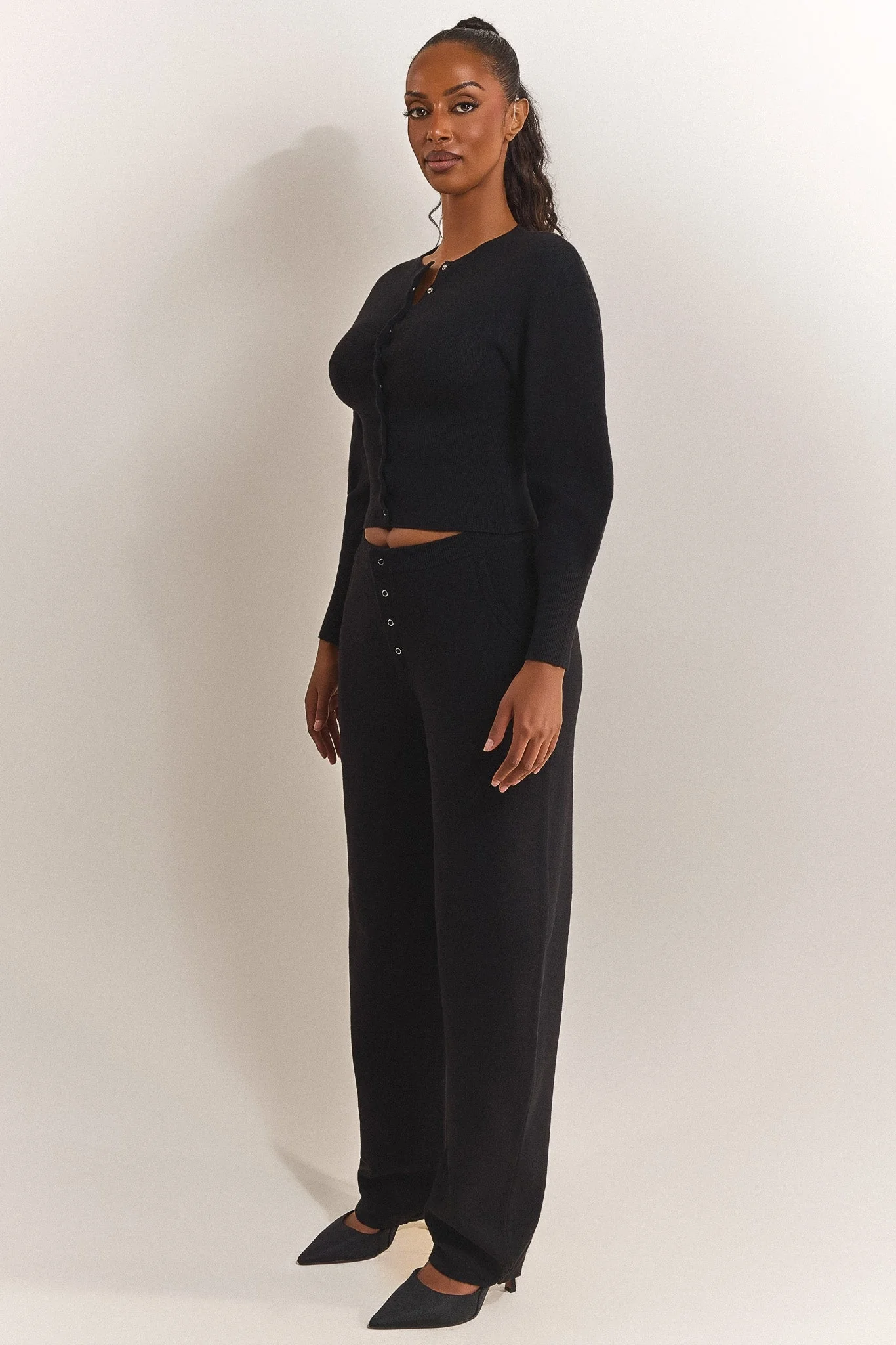 The Knit Button Up Cardigan in Black - Image 3