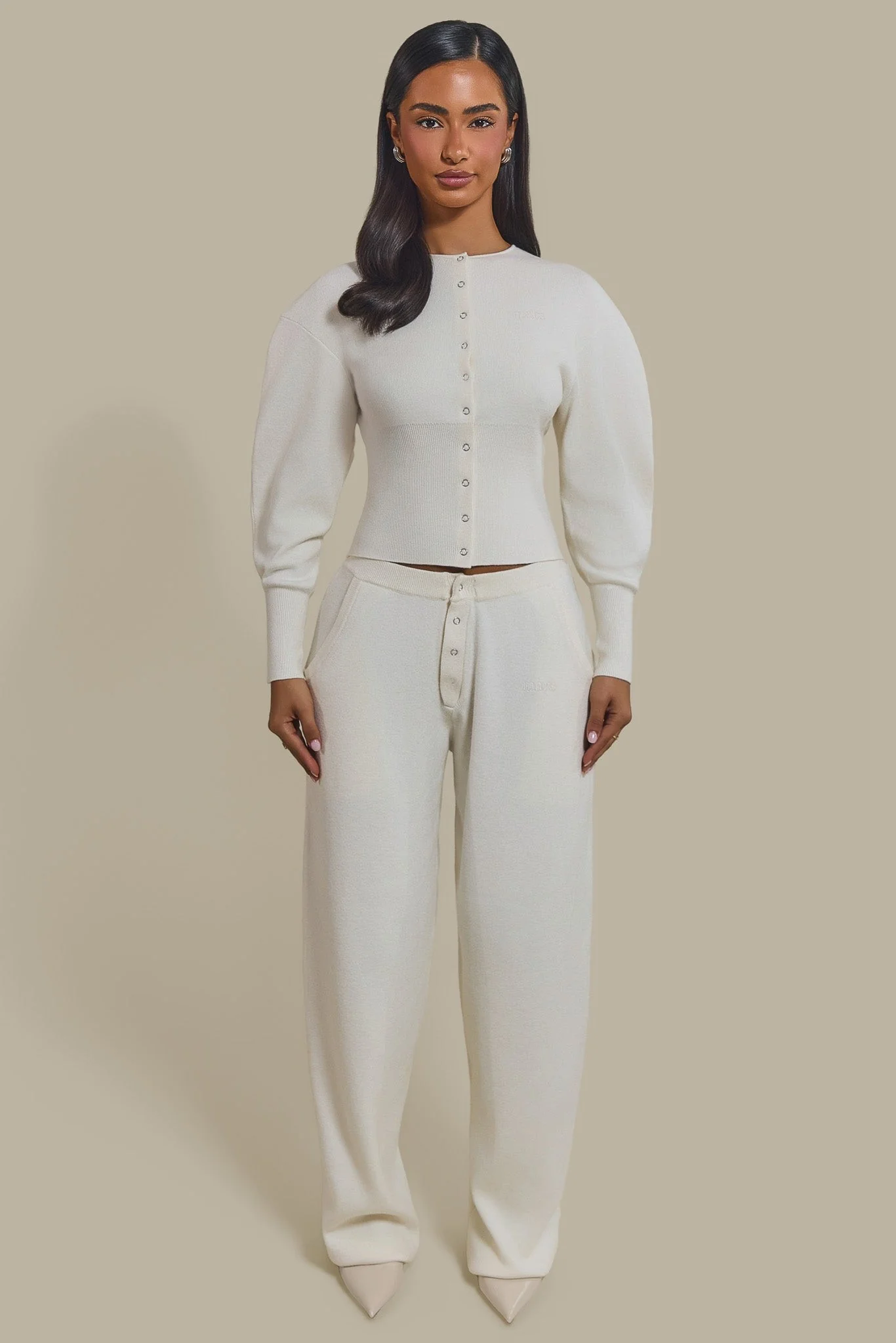 The Knit Button Up Joggers in Cream - Image 2