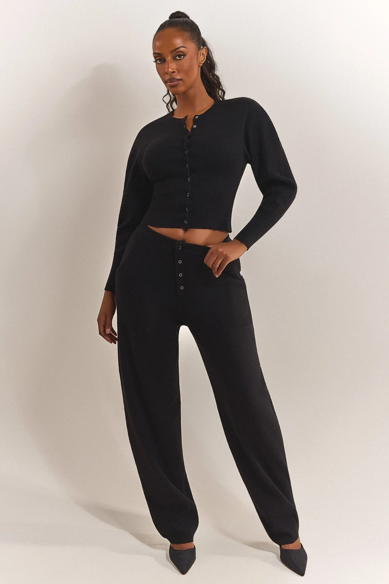 The Knit Button Up Joggers in Black - Image 5
