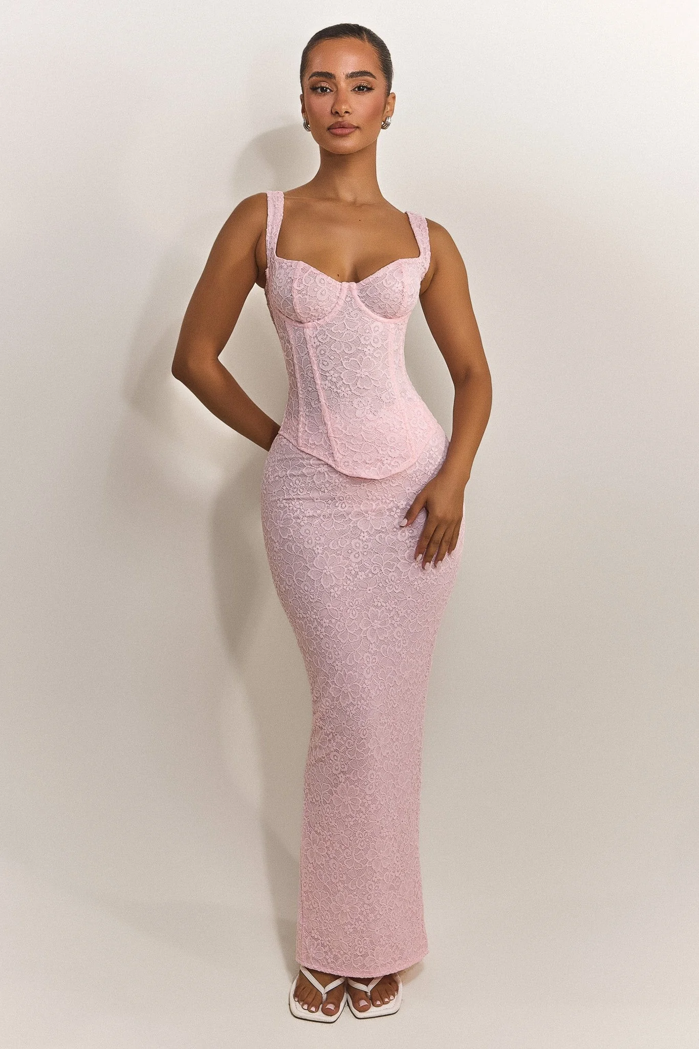 The Cinched Lace Corset Maxi Set in Baby Pink - Image 10