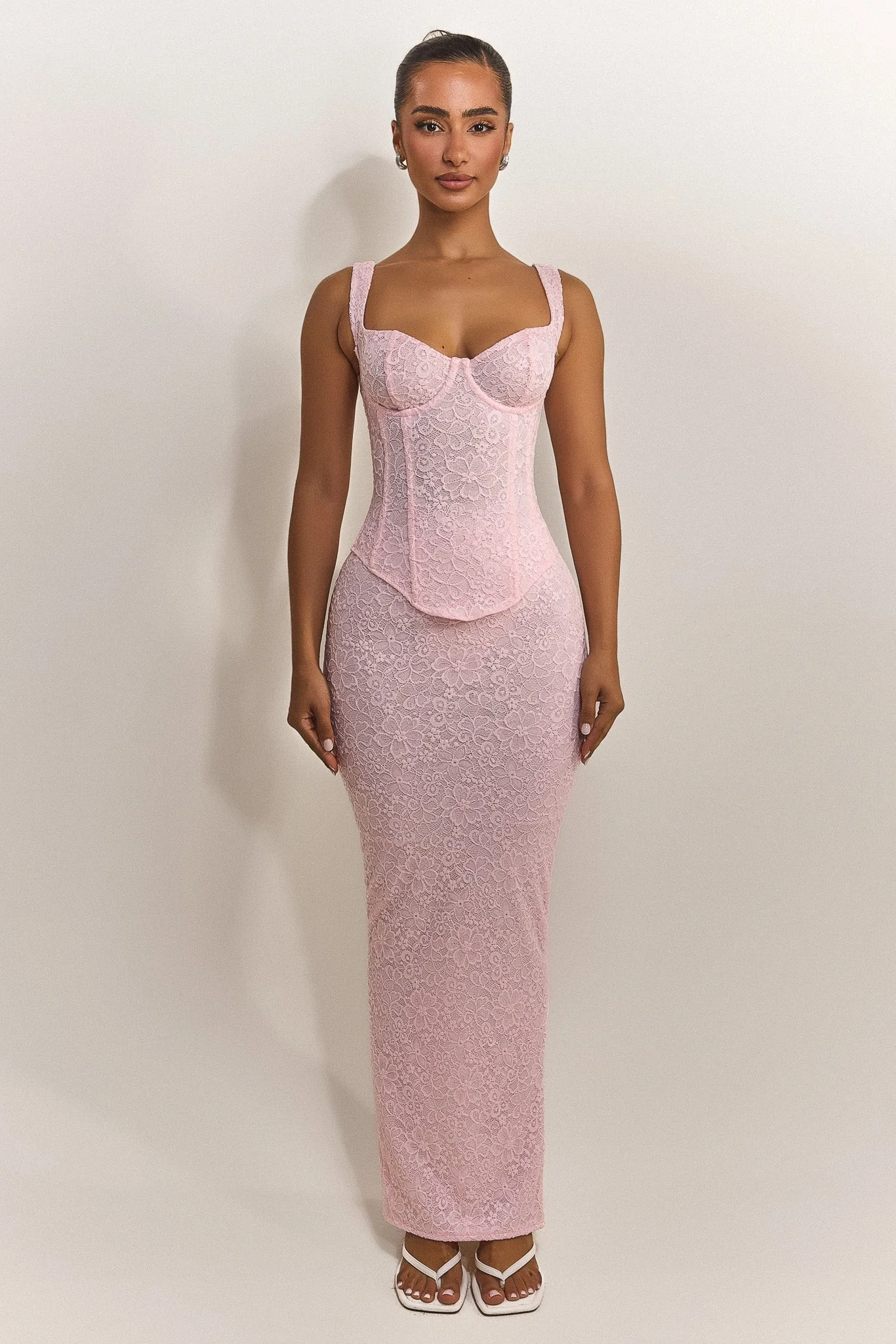 The Cinched Lace Corset Maxi Set in Baby Pink - Image 11