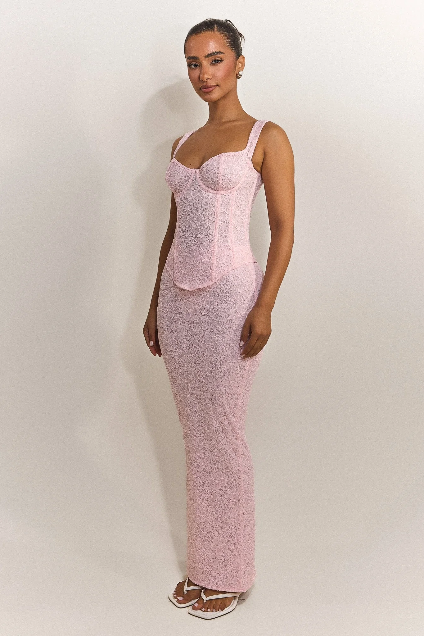 The Cinched Lace Corset Maxi Set in Baby Pink - Image 12