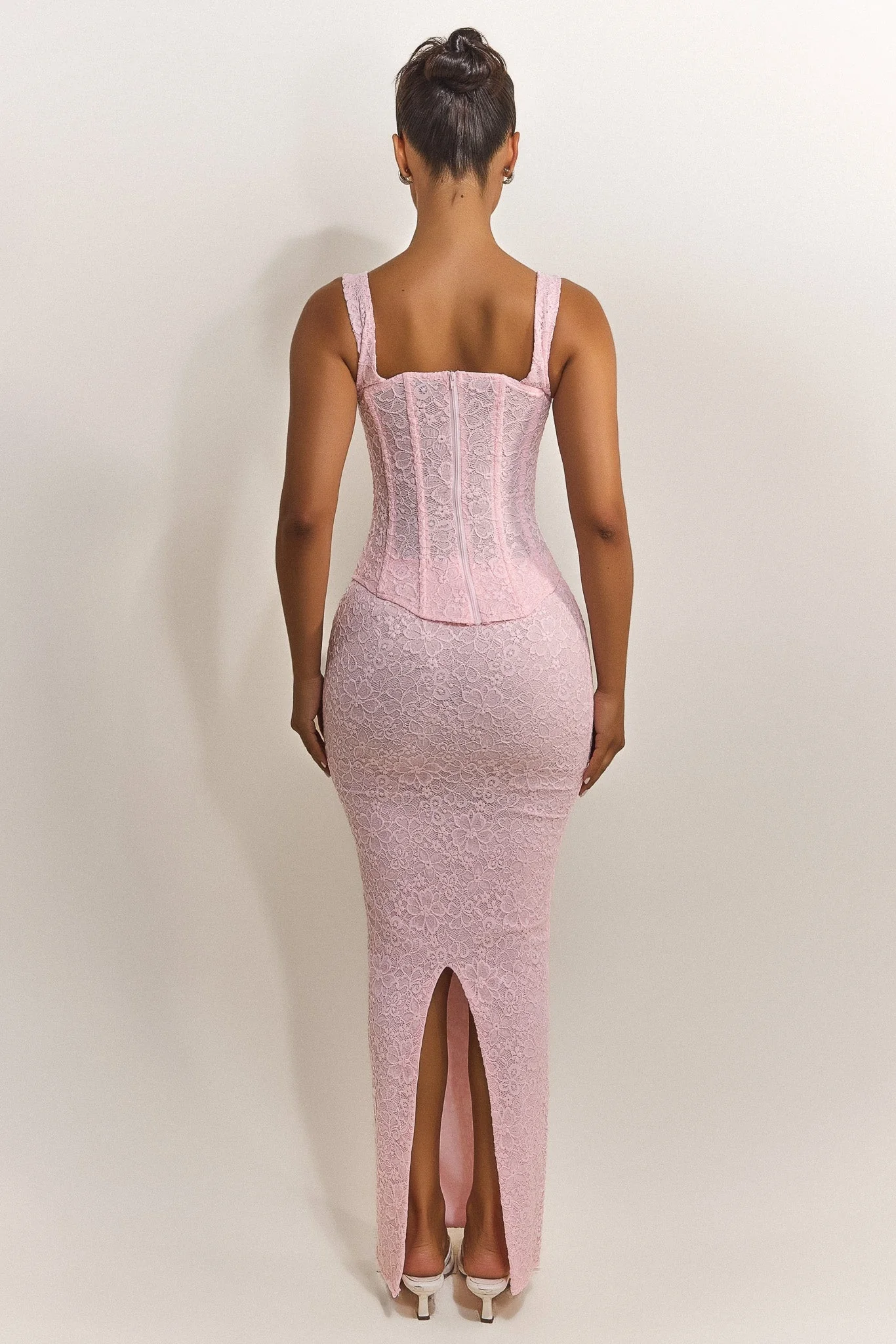 The Cinched Lace Corset Maxi Set in Baby Pink - Image 13