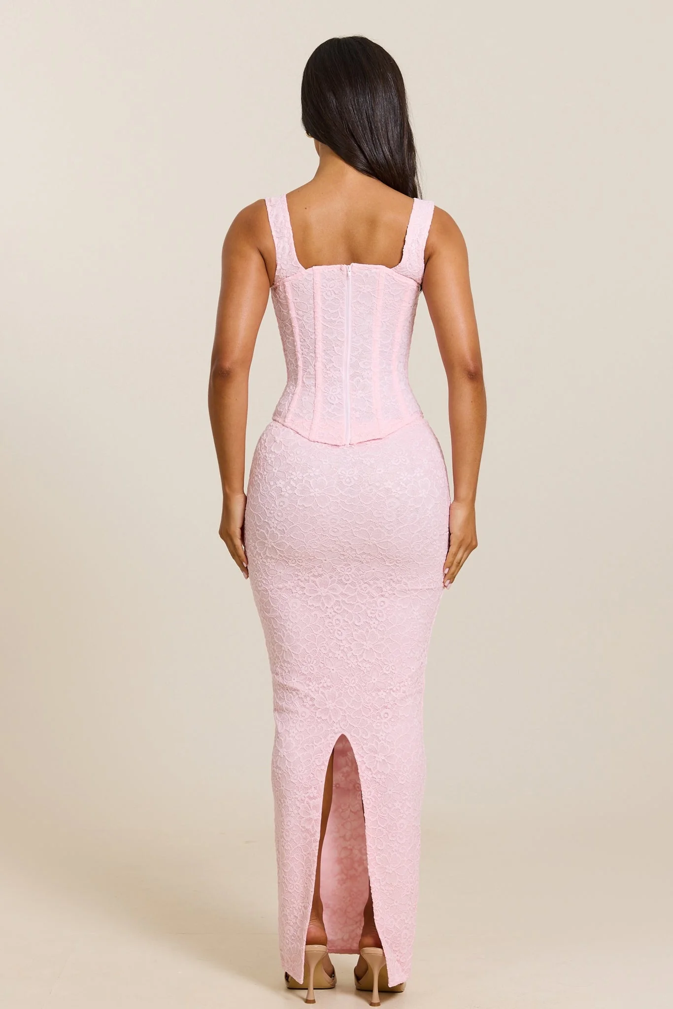 The Cinched Lace Corset Maxi Set in Baby Pink - Image 4