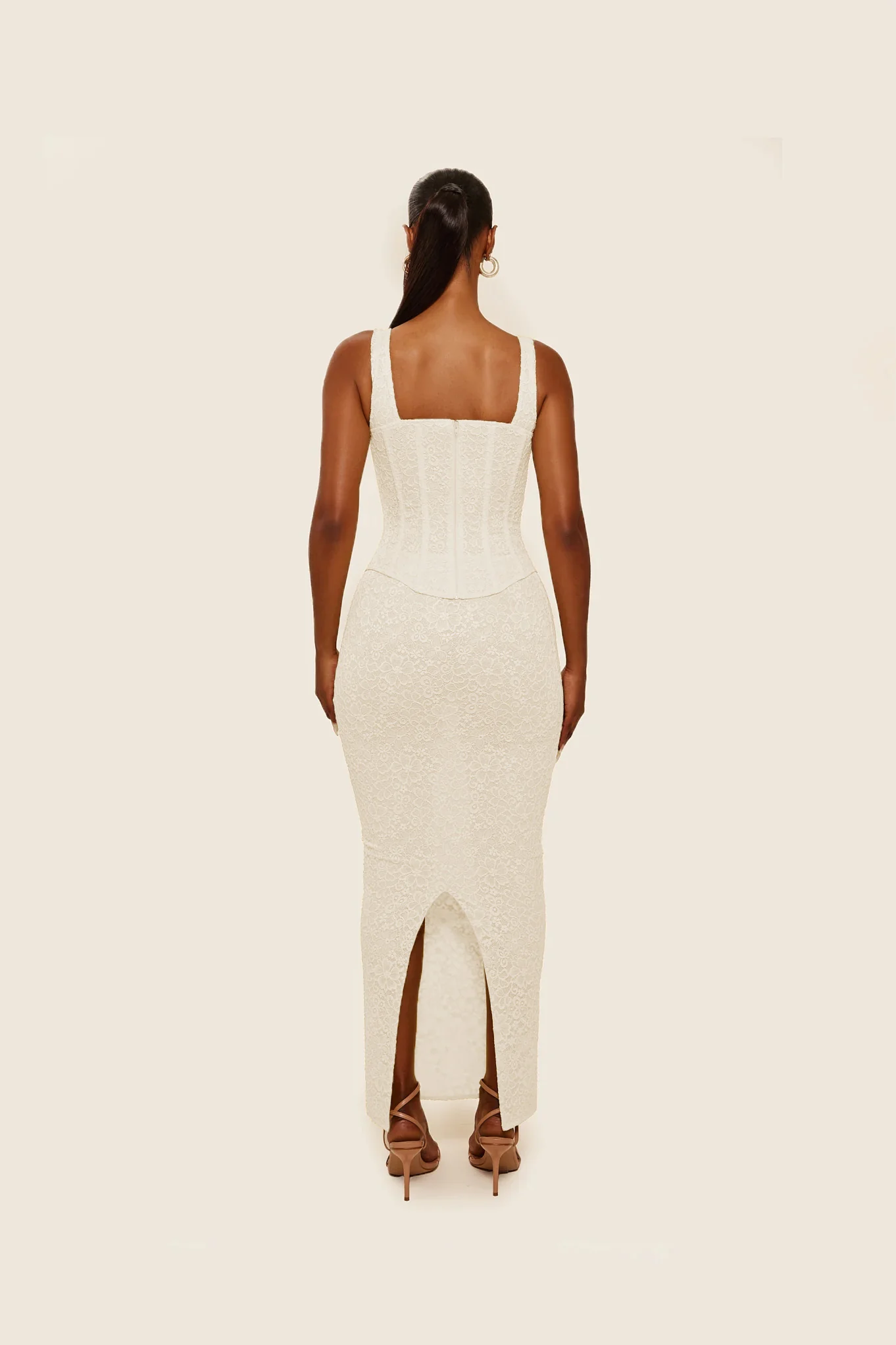 The Cinched Lace Maxi Set in Off White - Image 21