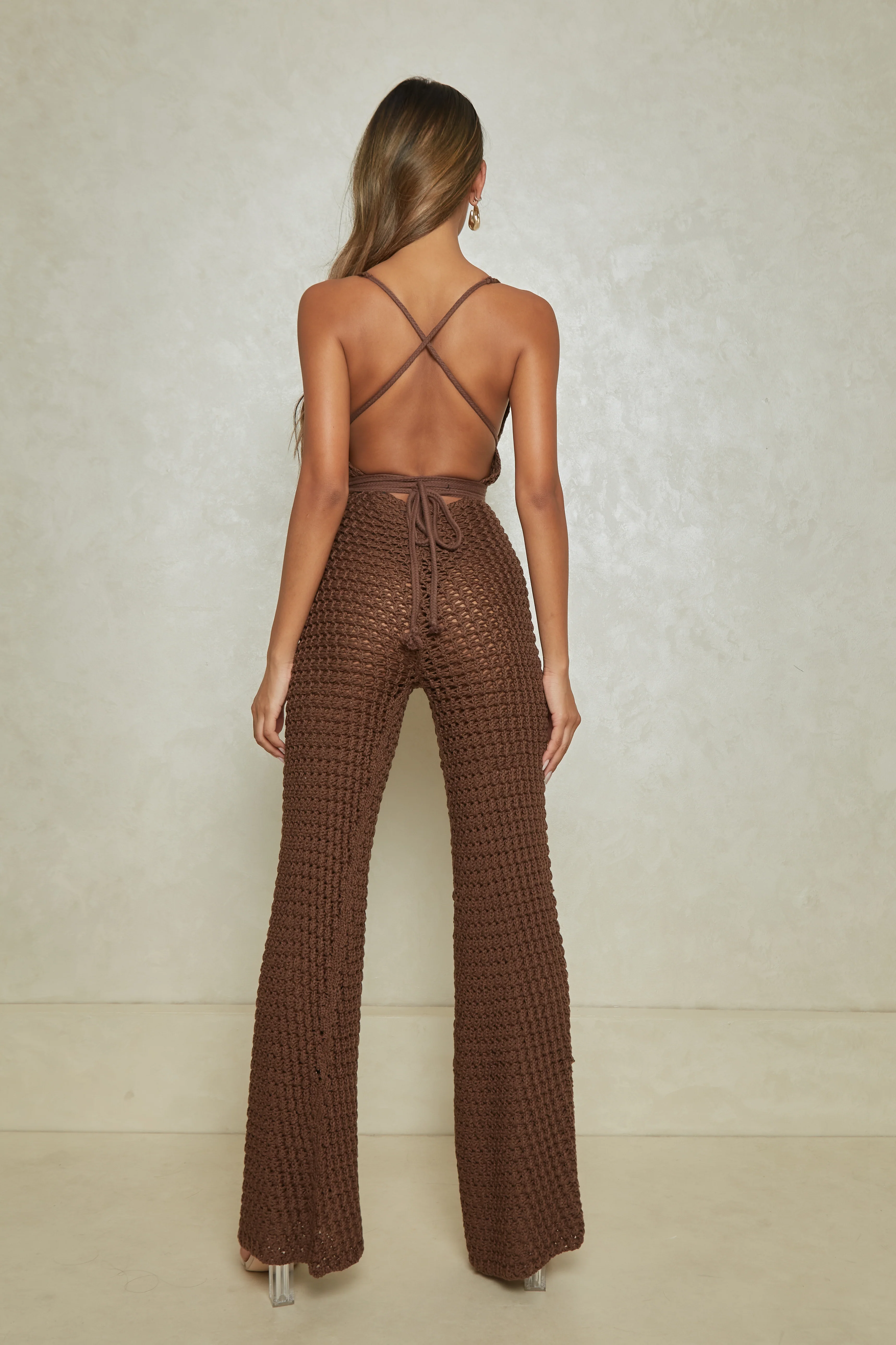 The Crochet Fishtail Jumpsuit in Brown - Image 3