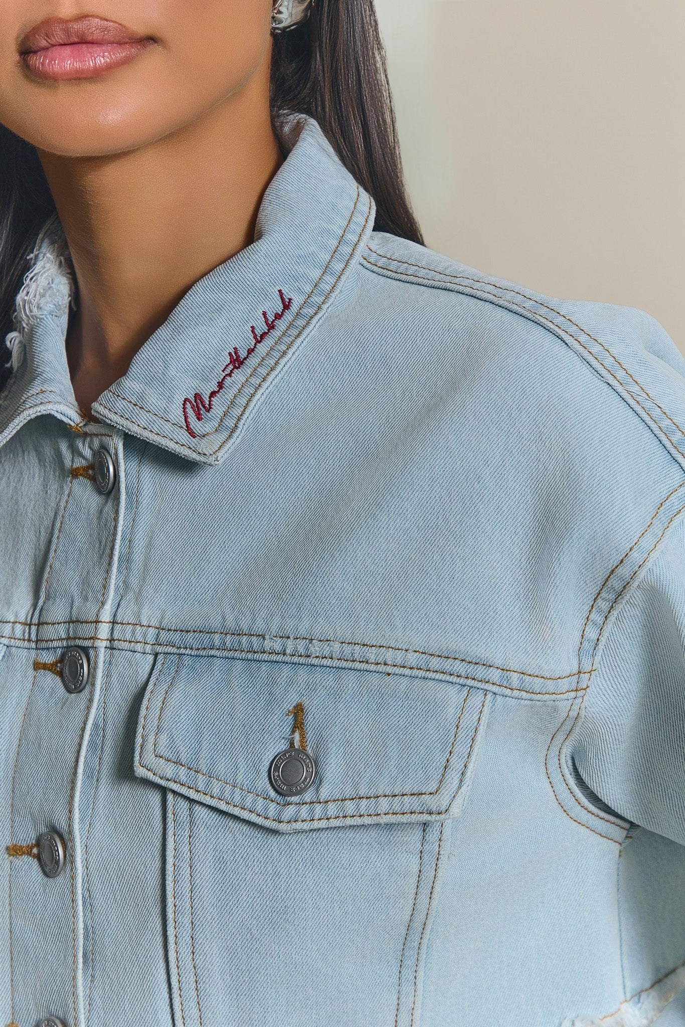 The Esha Cropped Denim Jacket in Light Wash Blue - Image 3