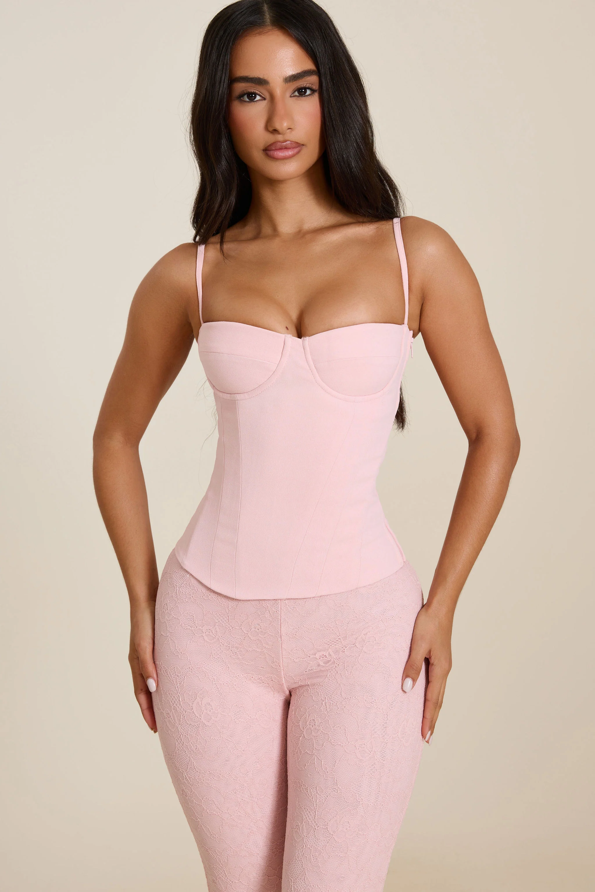 The Everly Lace Up Corset Top in Baby Pink
