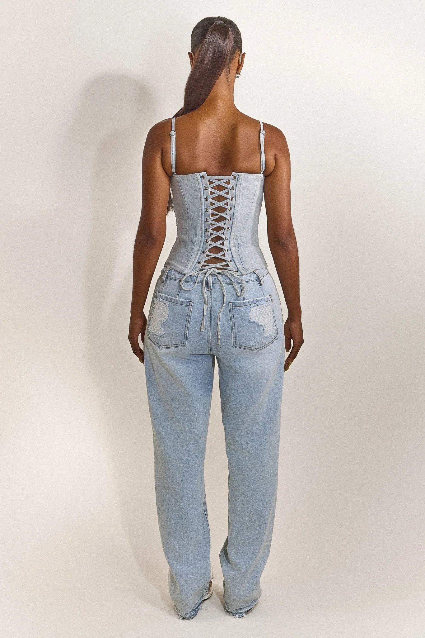 The Everly Lace Up Corset Top in Denim - Image 3
