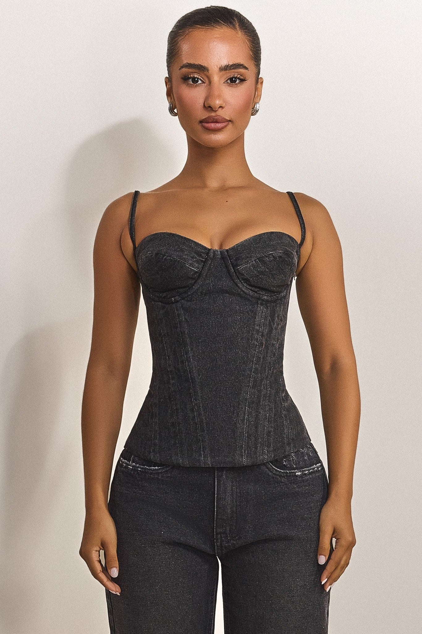 The Everly Lace Up Corset Top in Grey Denim