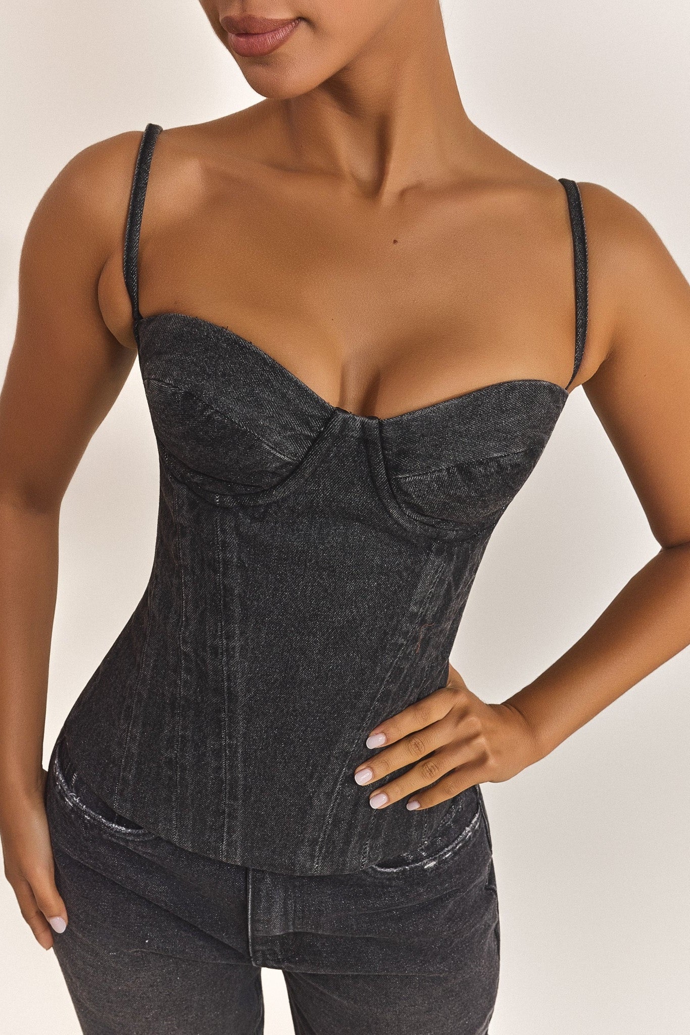 The Everly Lace Up Corset Top in Grey Denim - Image 2