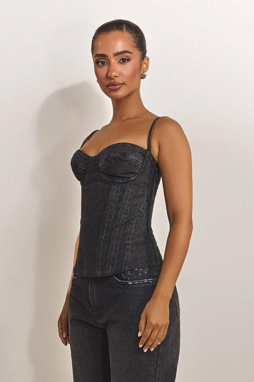 The Everly Lace Up Corset Top in Grey Denim - Image 3