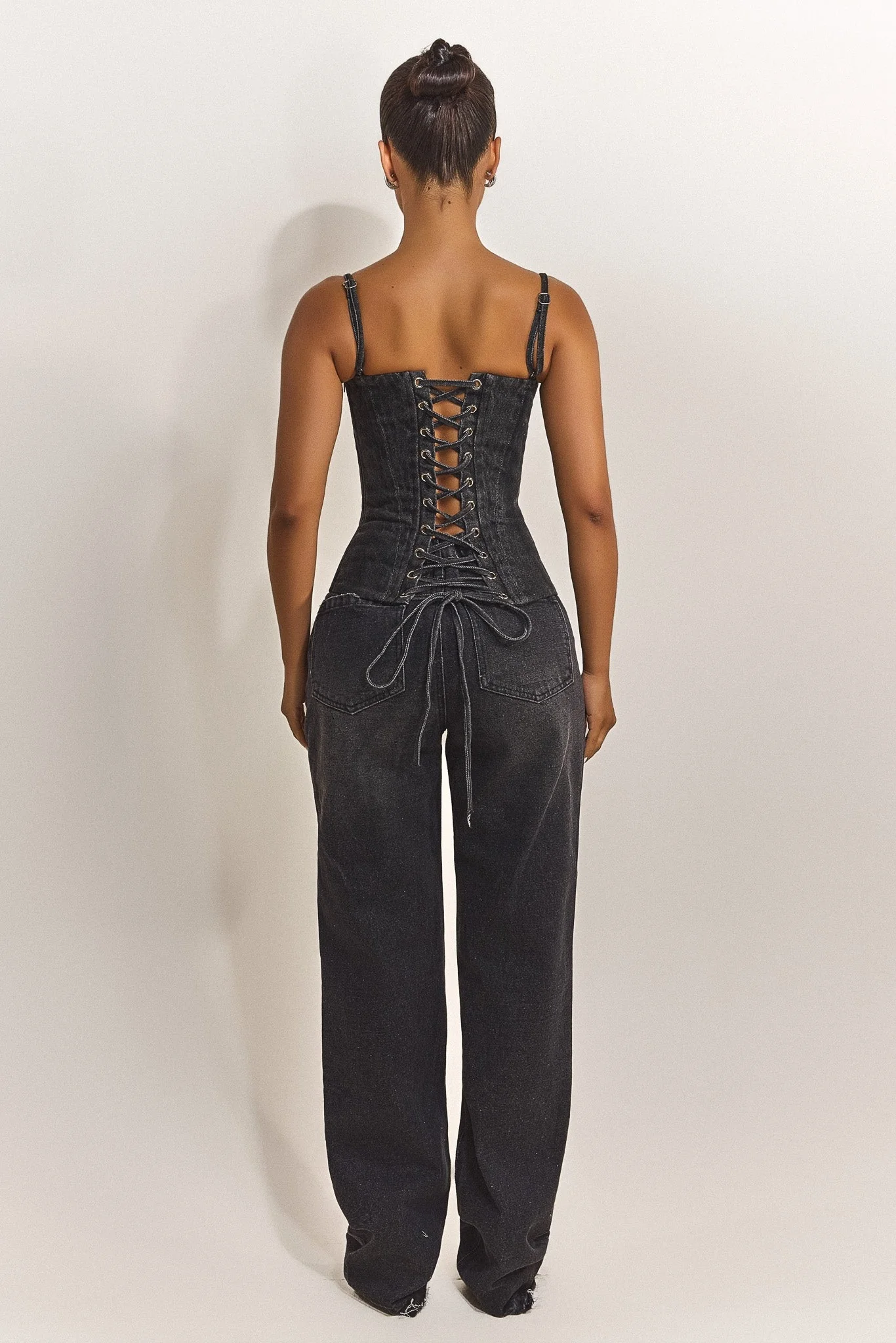 The Everly Lace Up Corset Top in Grey Denim - Image 4