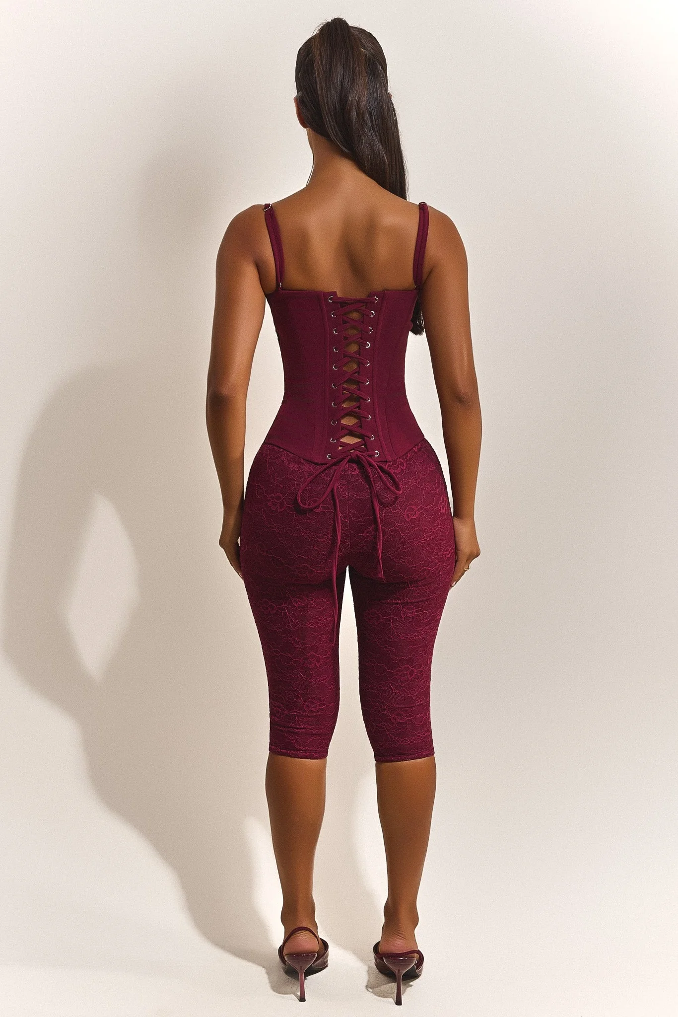 The Everly Lace Up Corset Top in Wine - Image 2