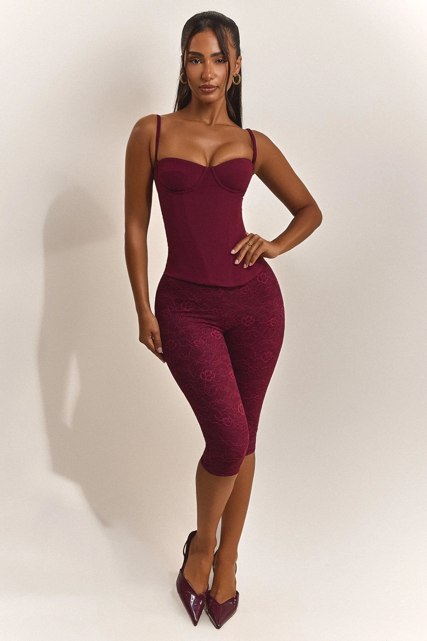 The Everly Lace Up Corset Top in Wine - Image 4
