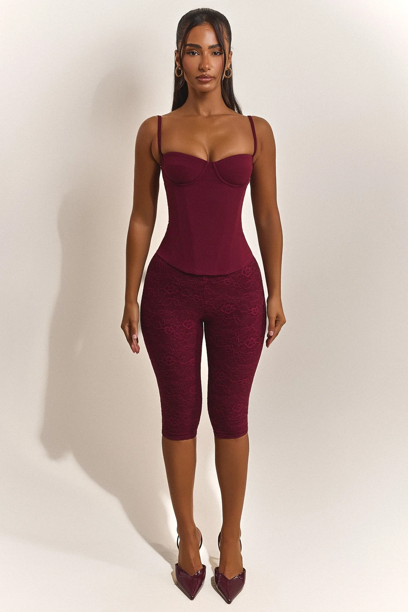 The Everly Lace Up Corset Top in Wine - Image 6