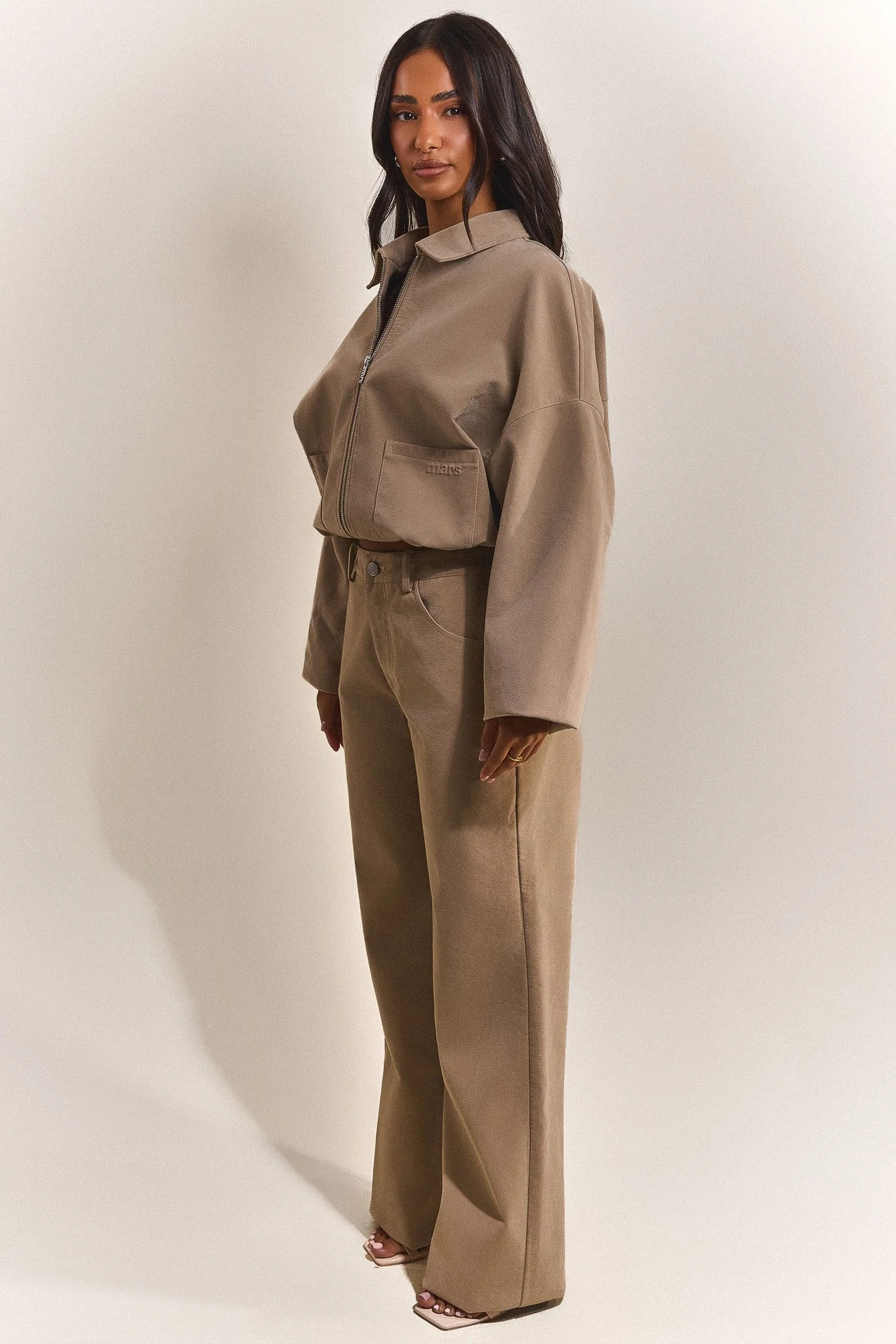 The Isla Faux Suede Straight Leg Trousers in Beige - Image 2