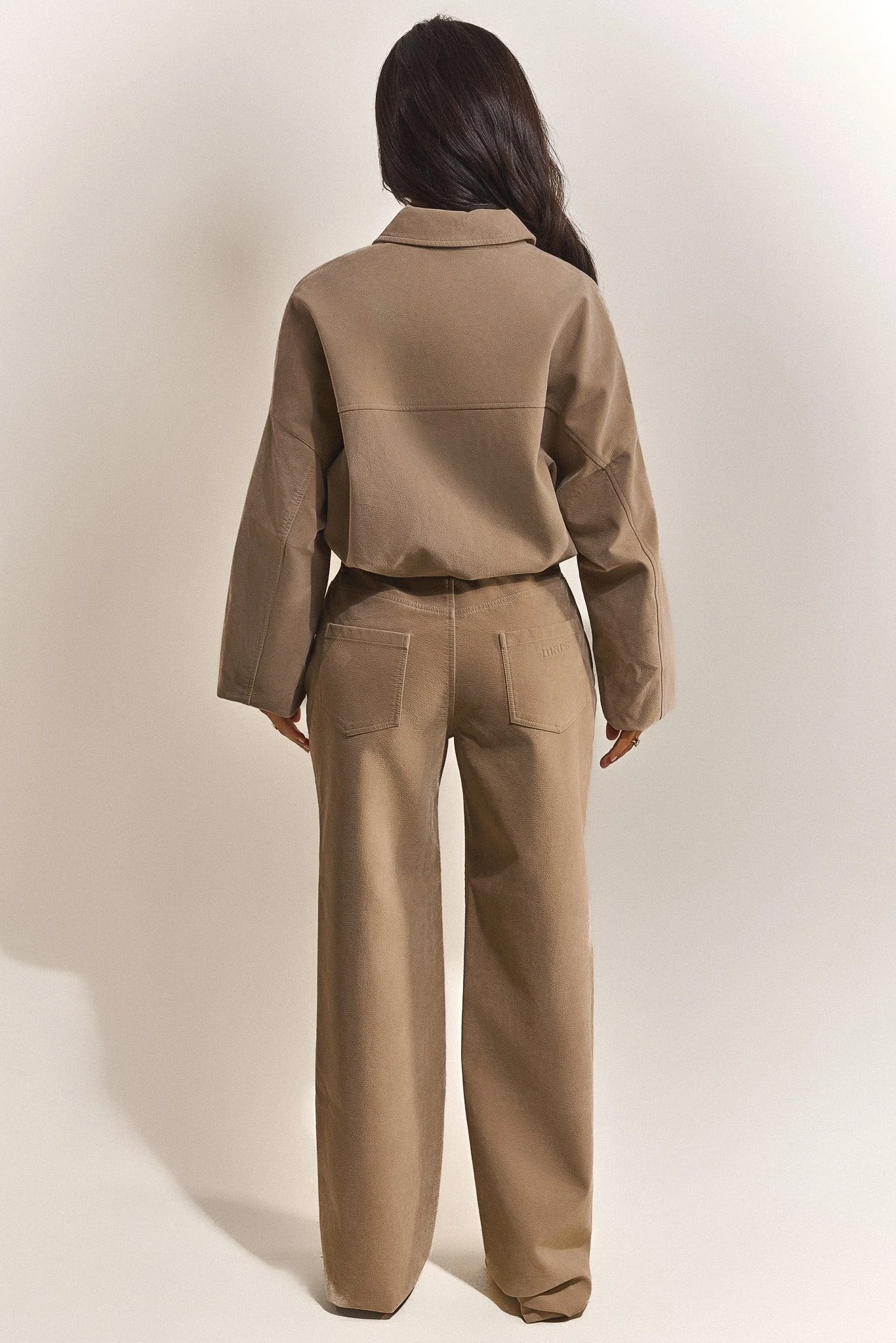 The Isla Faux Suede Straight Leg Trousers in Beige - Image 3