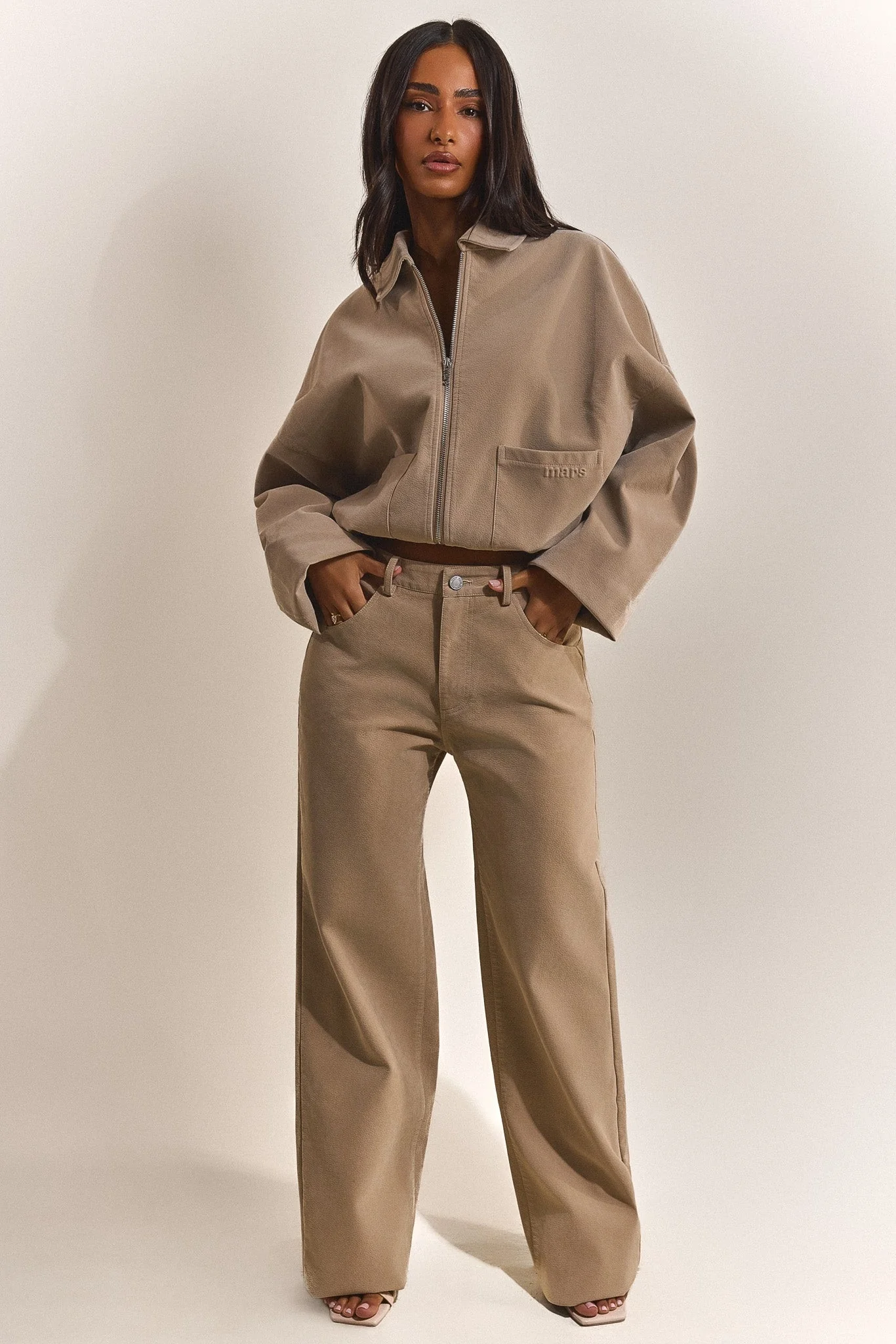 The Isla Faux Suede Straight Leg Trousers in Beige - Image 5