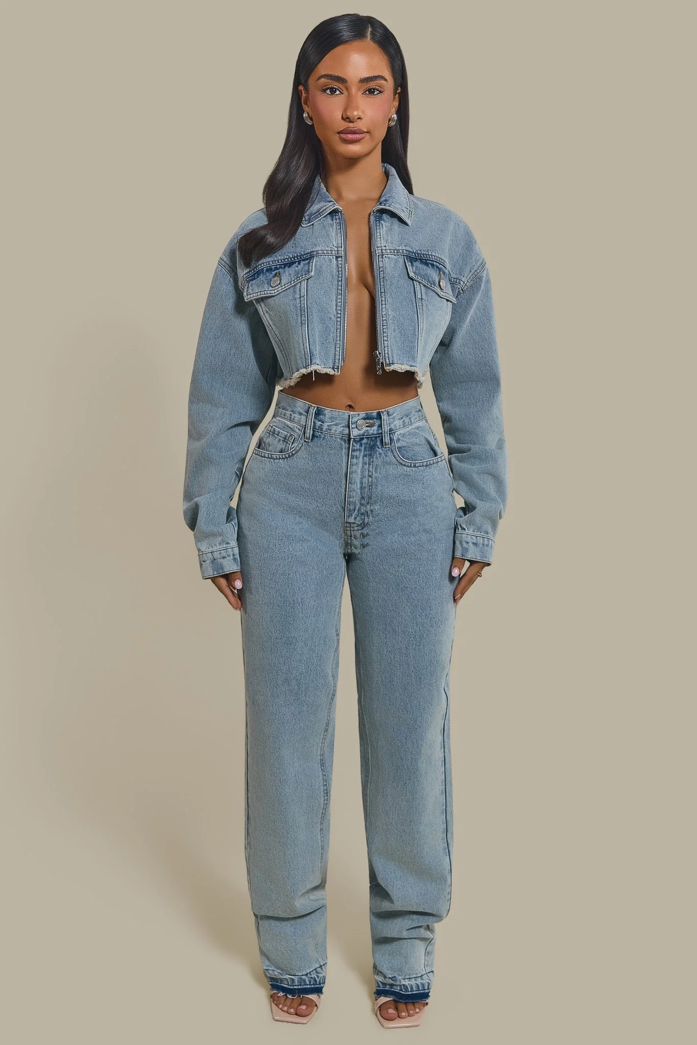 The Kali Cropped Denim Jacket in Light Wash Blue - Image 2