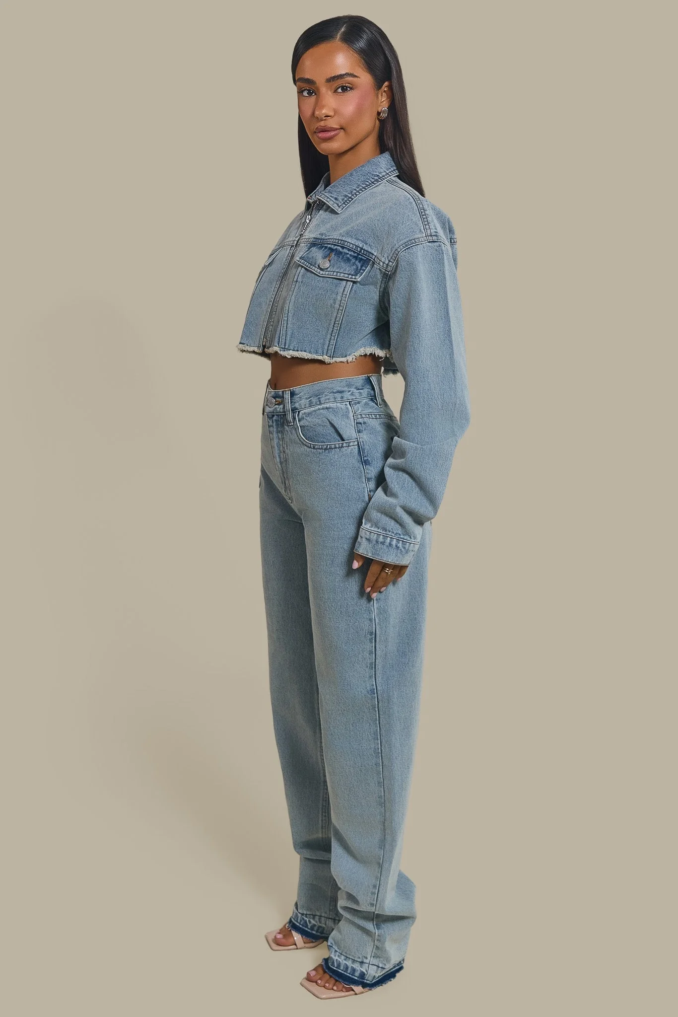 The Kali Cropped Denim Jacket in Light Wash Blue - Image 3