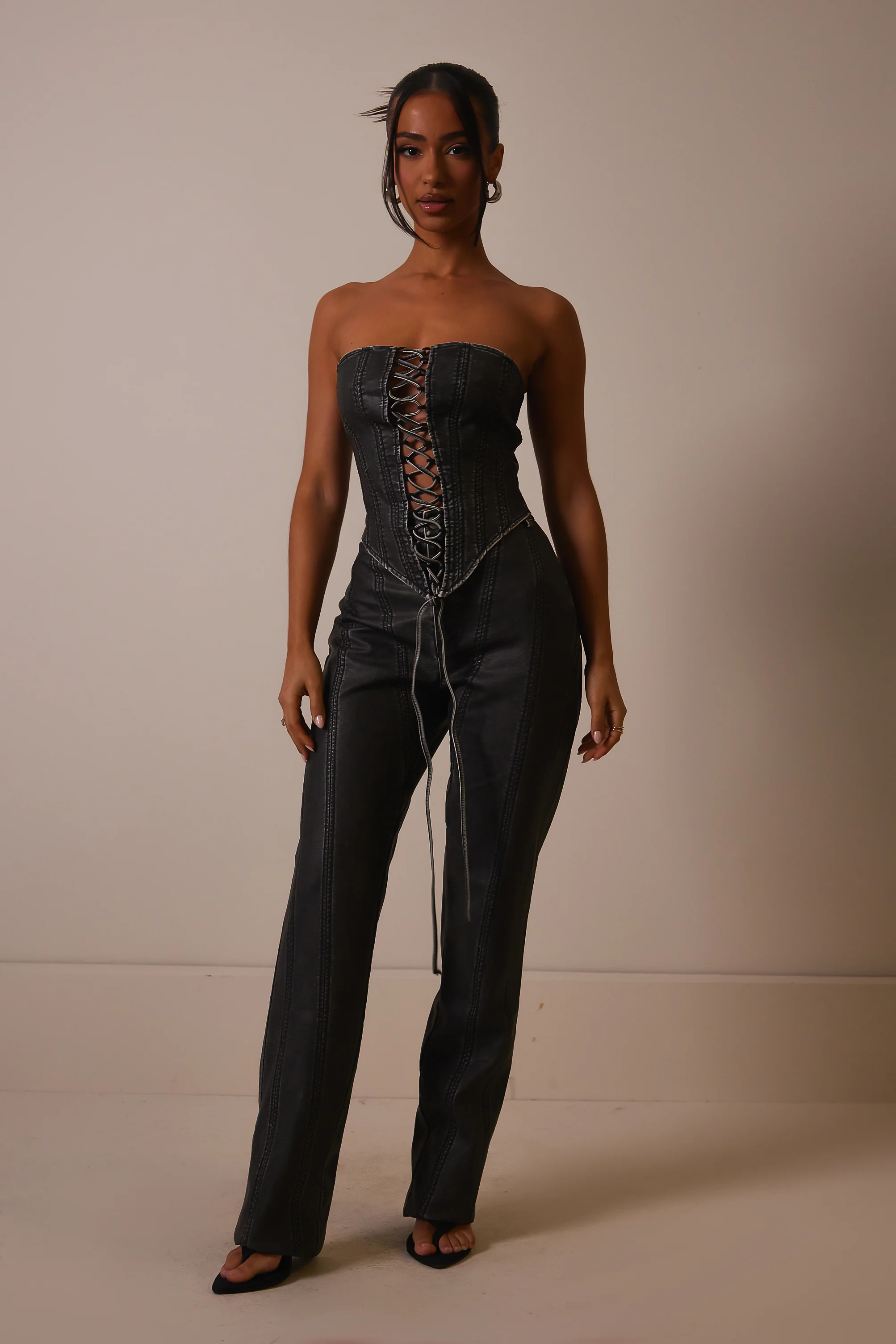 The Lace Up Front Leather Corset in Wash Black - Image 4