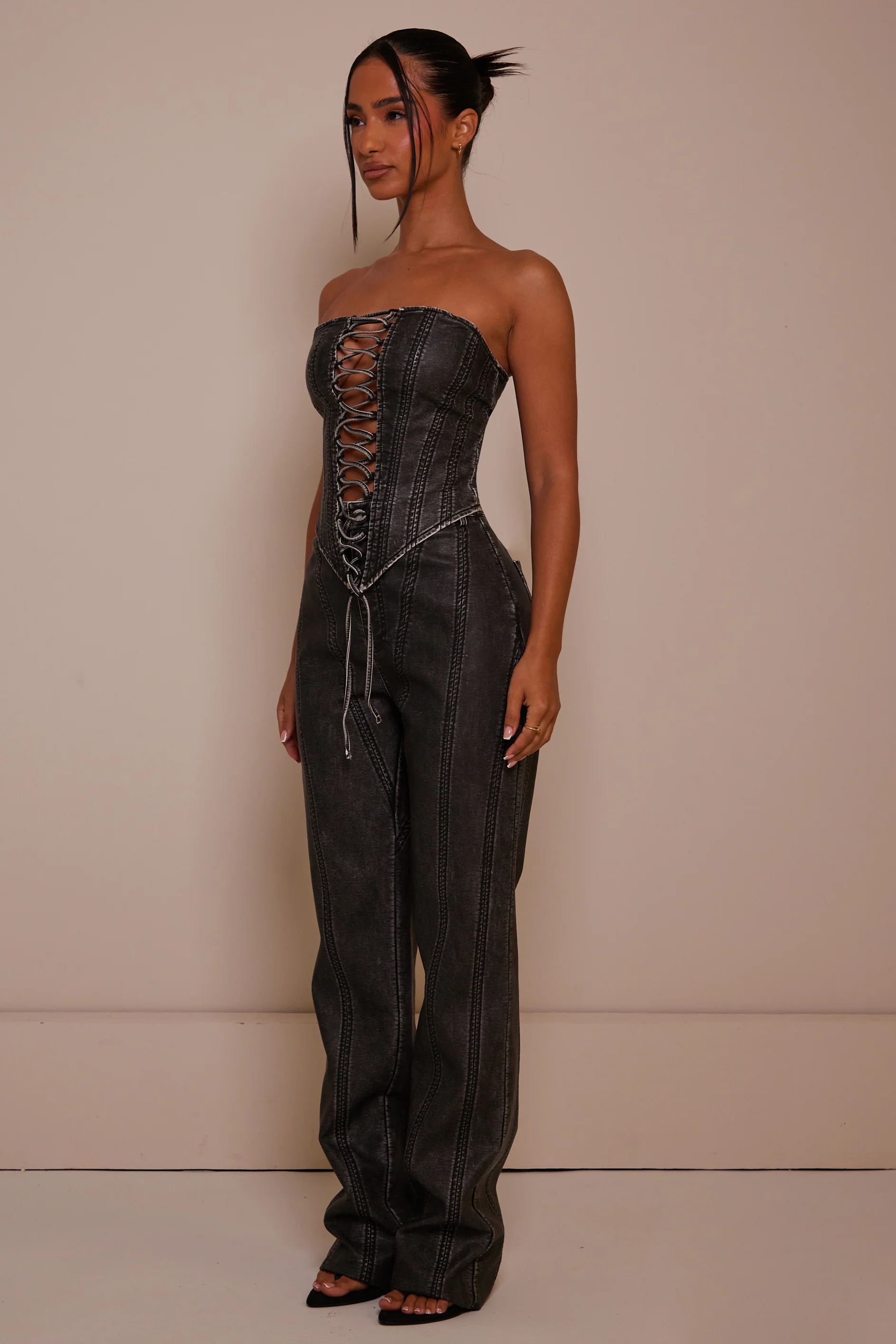 The Lace Up Front Leather Corset in Wash Black - Image 7