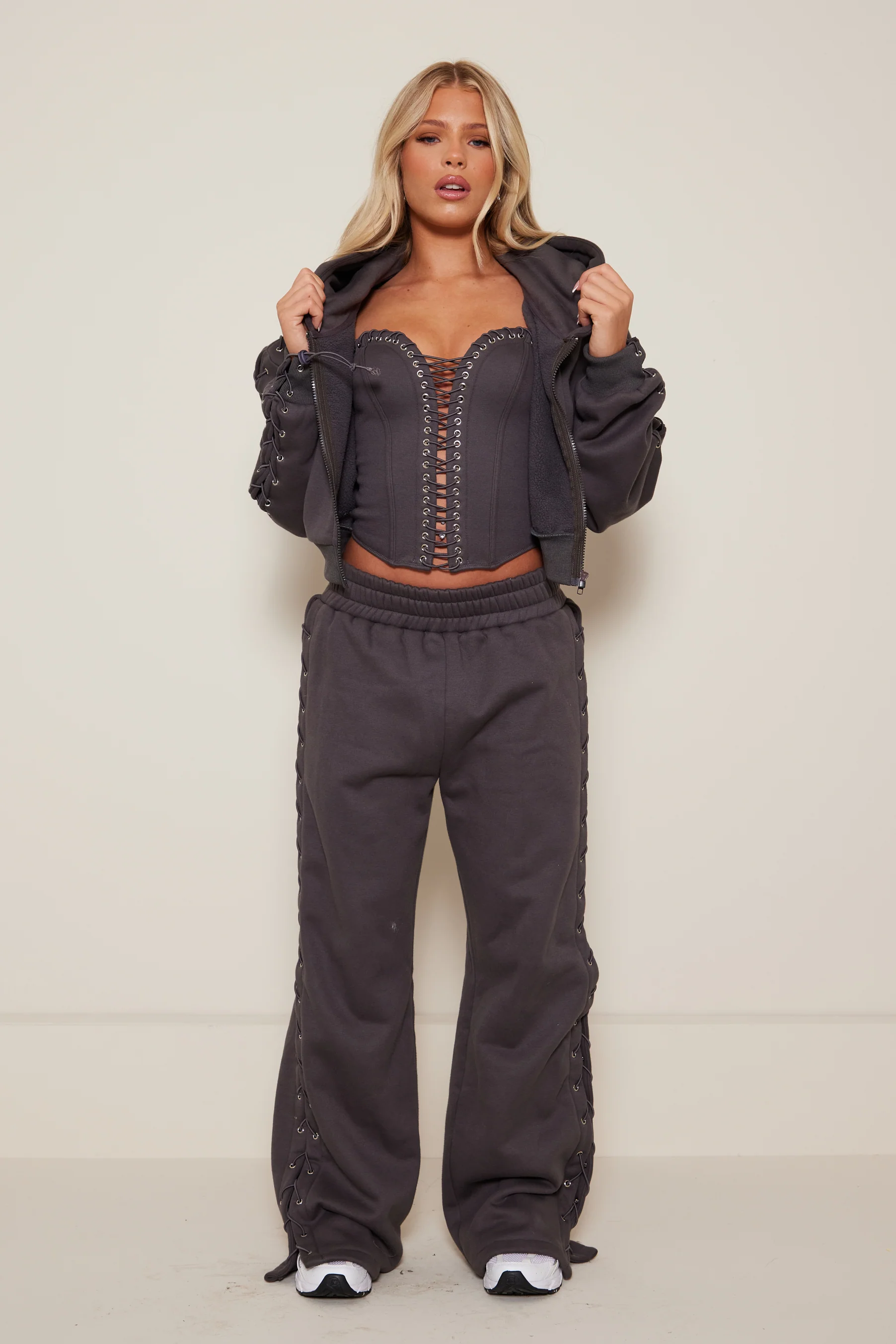 The Lace Trim Jersey Corset in Charcoal - Image 4
