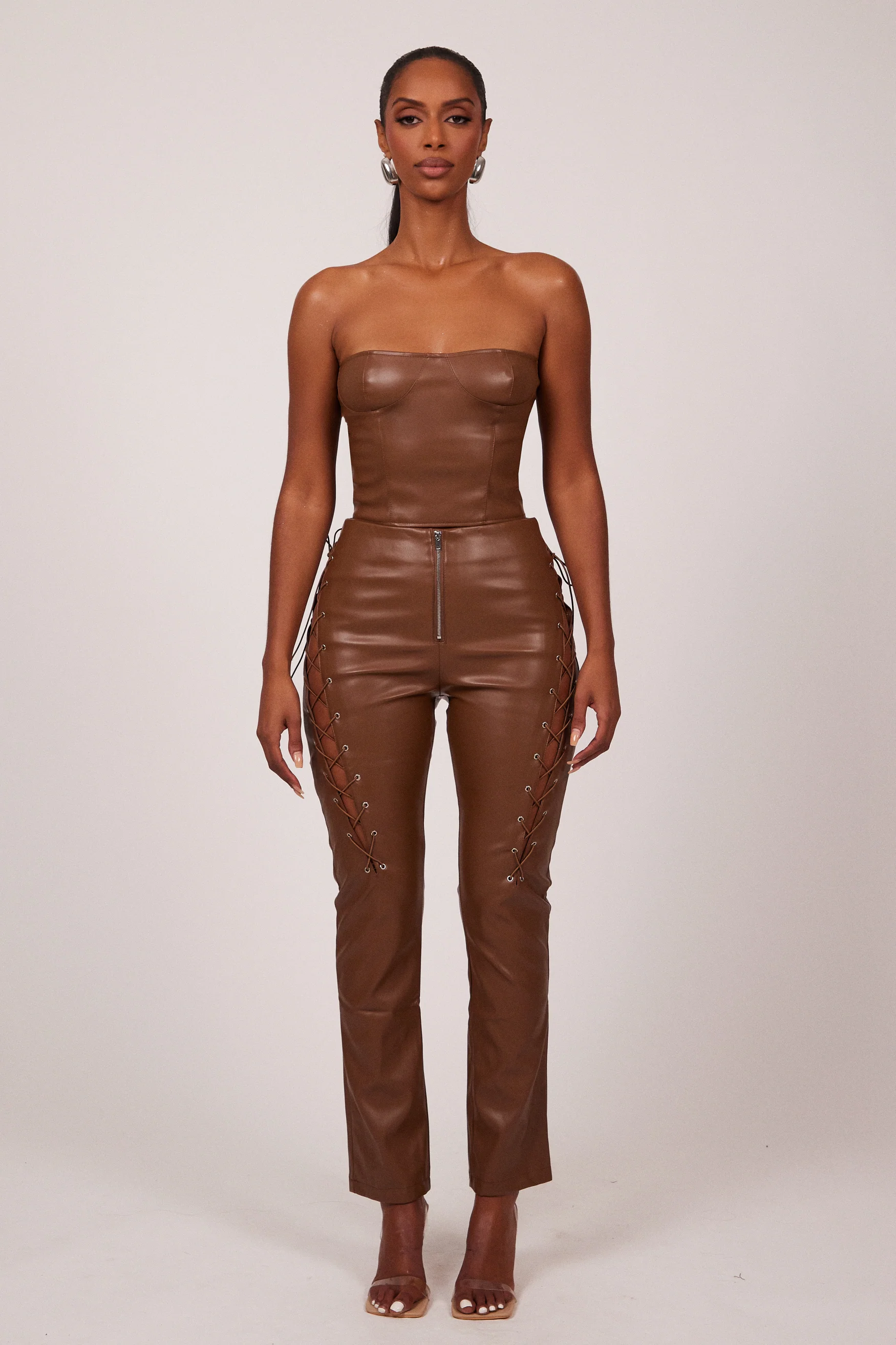 The Leather Lace Up Skinny Trousers in Brown - Image 6
