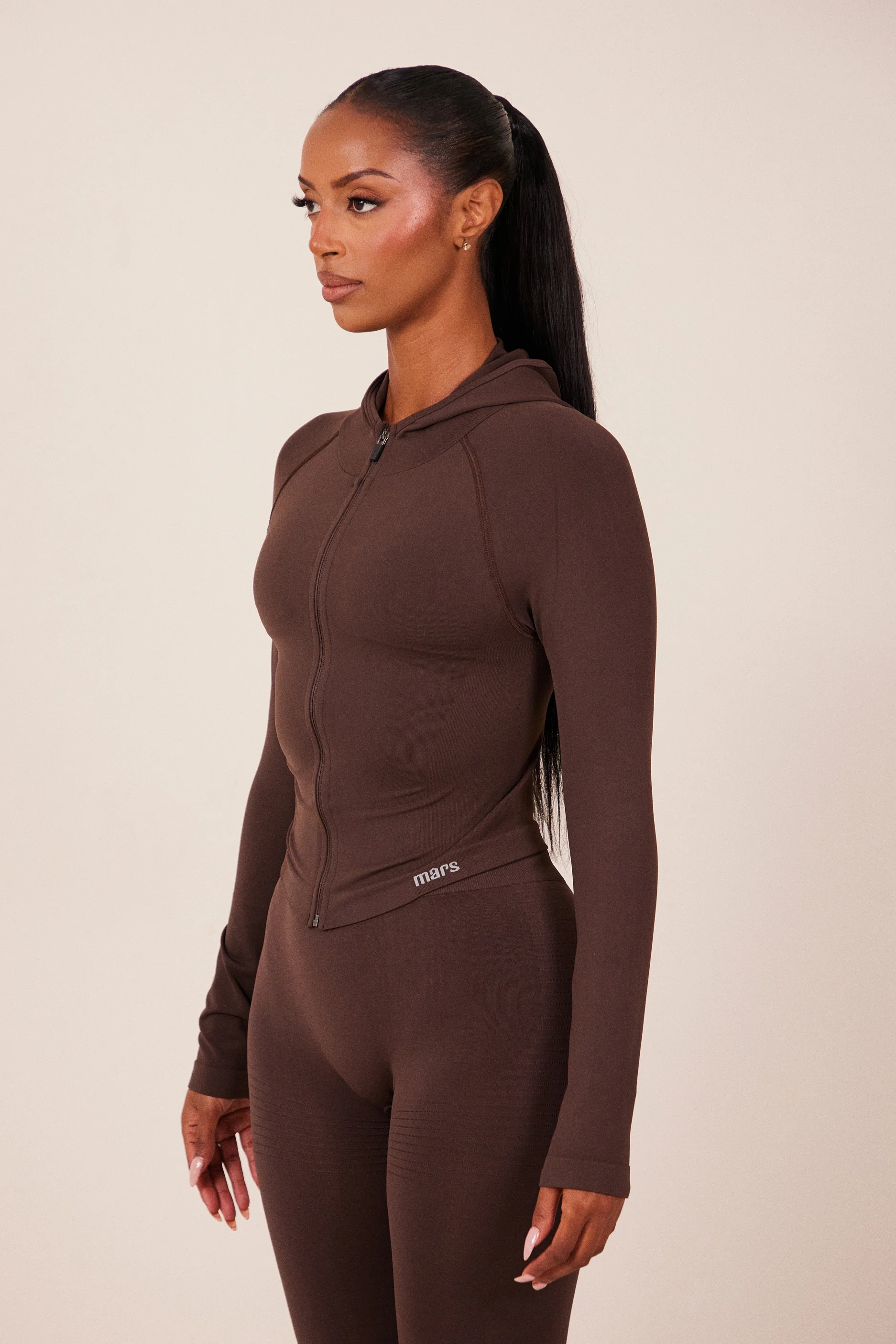 The Mars Seamless Hooded Zip Jacket in Brown - Image 2