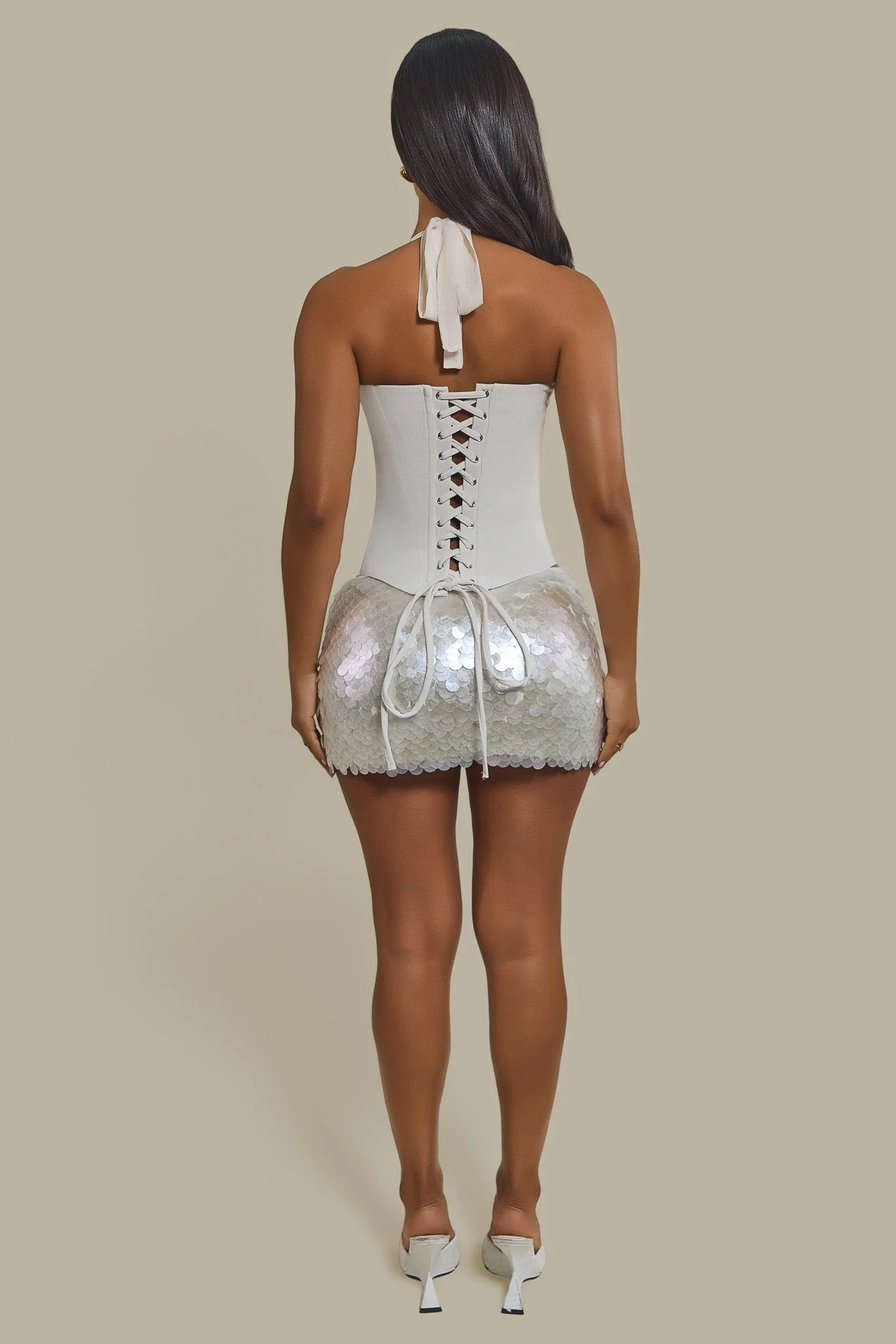The Shimmi Sequin Micro Mini Skirt in Cream Pearl - Image 5