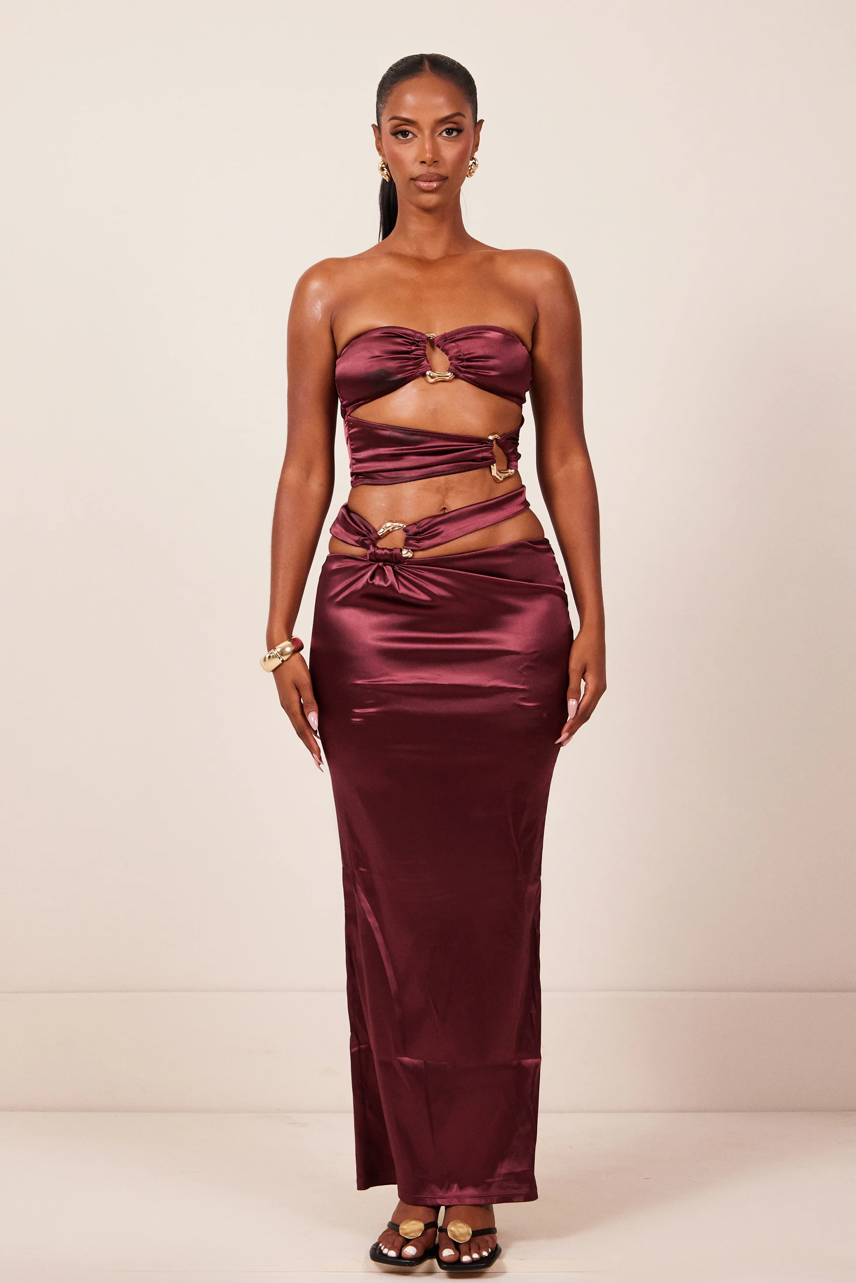 The Plated Satin Bandeau Maxi Set in Wine - Image 2