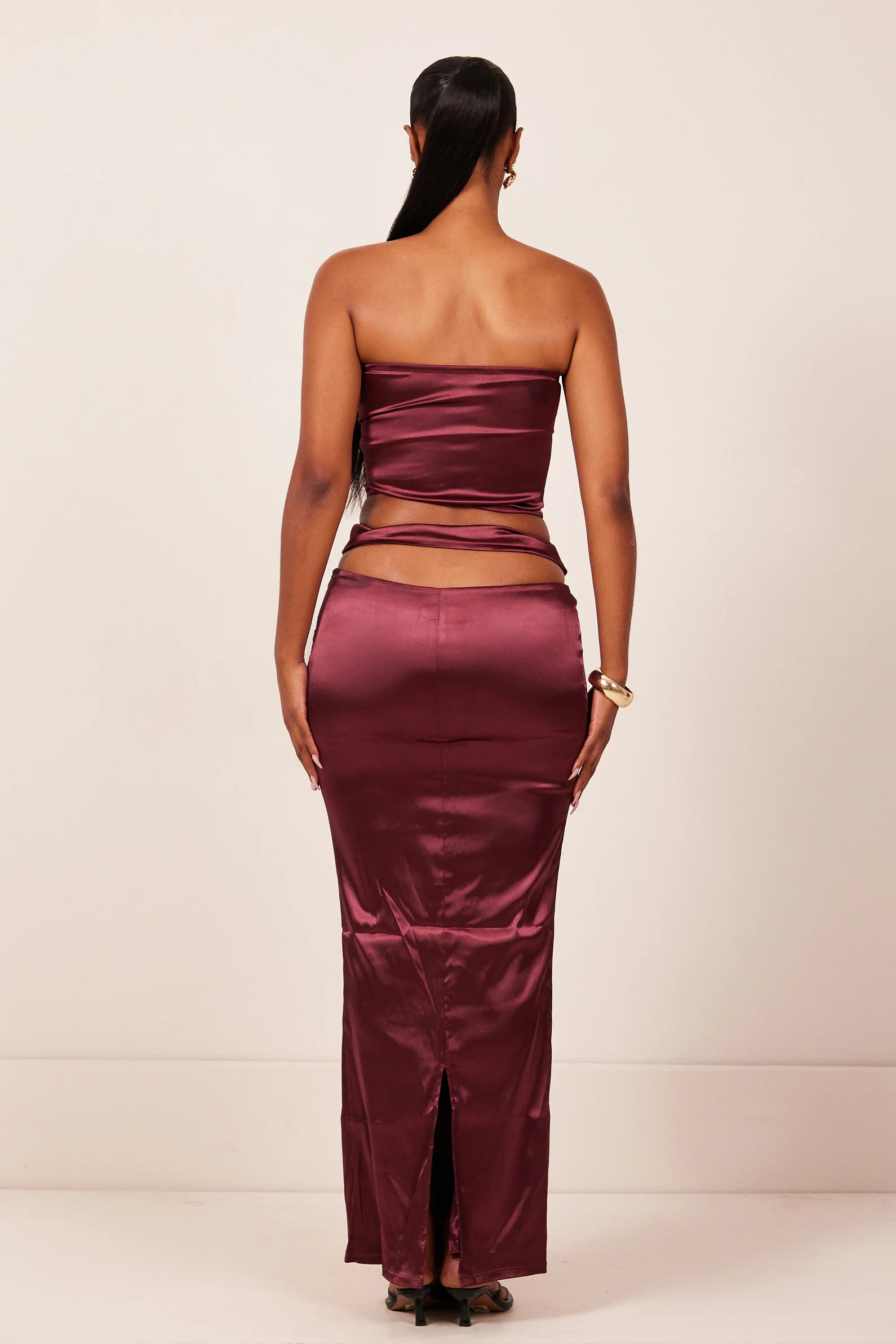 The Plated Satin Bandeau Maxi Set in Wine - Image 4
