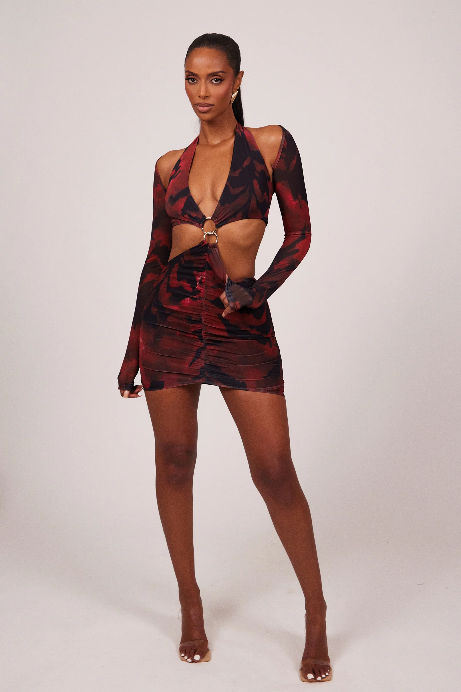 The Ring detail Plunge Shrug Mini in Red Print - Image 2