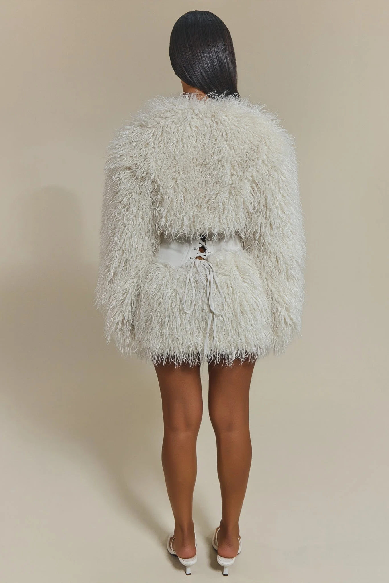 The Sabrine Fur Shrug and Mini Skirt Set in Cream - Image 4