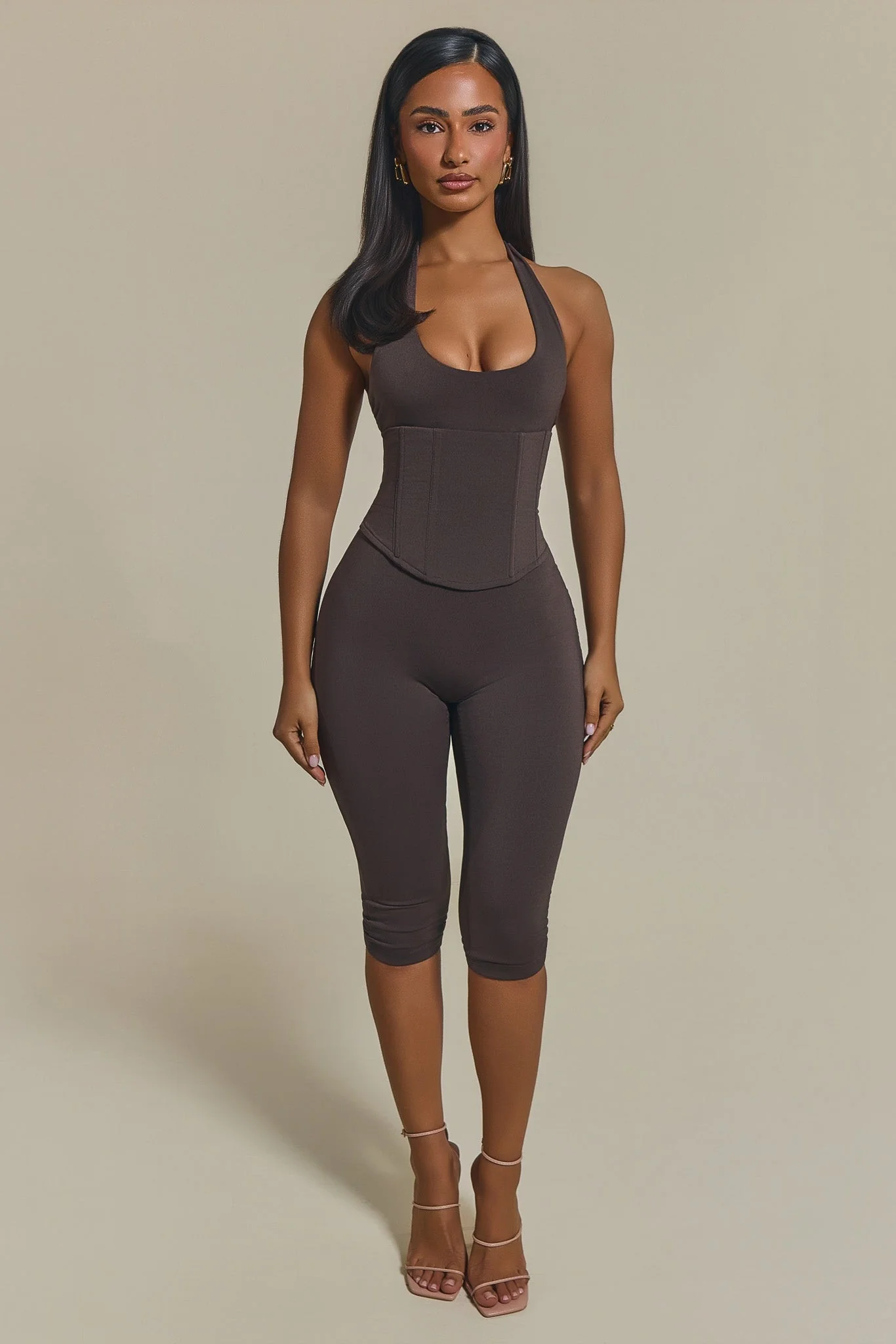 The Sandra Capri Corset Jumpsuit in Brown