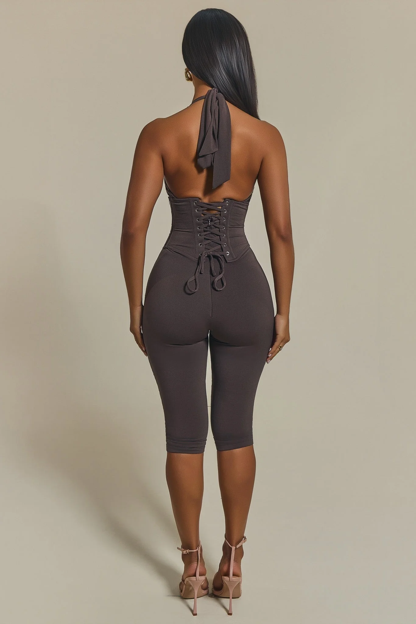 The Sandra Capri Corset Jumpsuit in Brown - Image 3