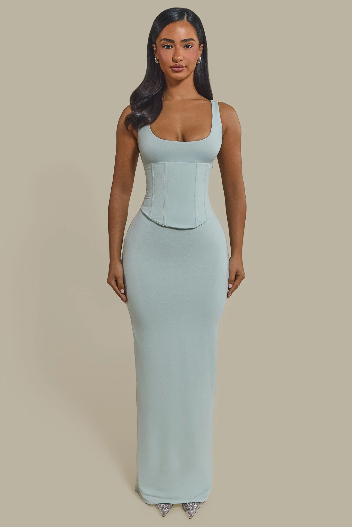 The Sandra Scoop Corset Maxi Dress in Light Blue - Image 2
