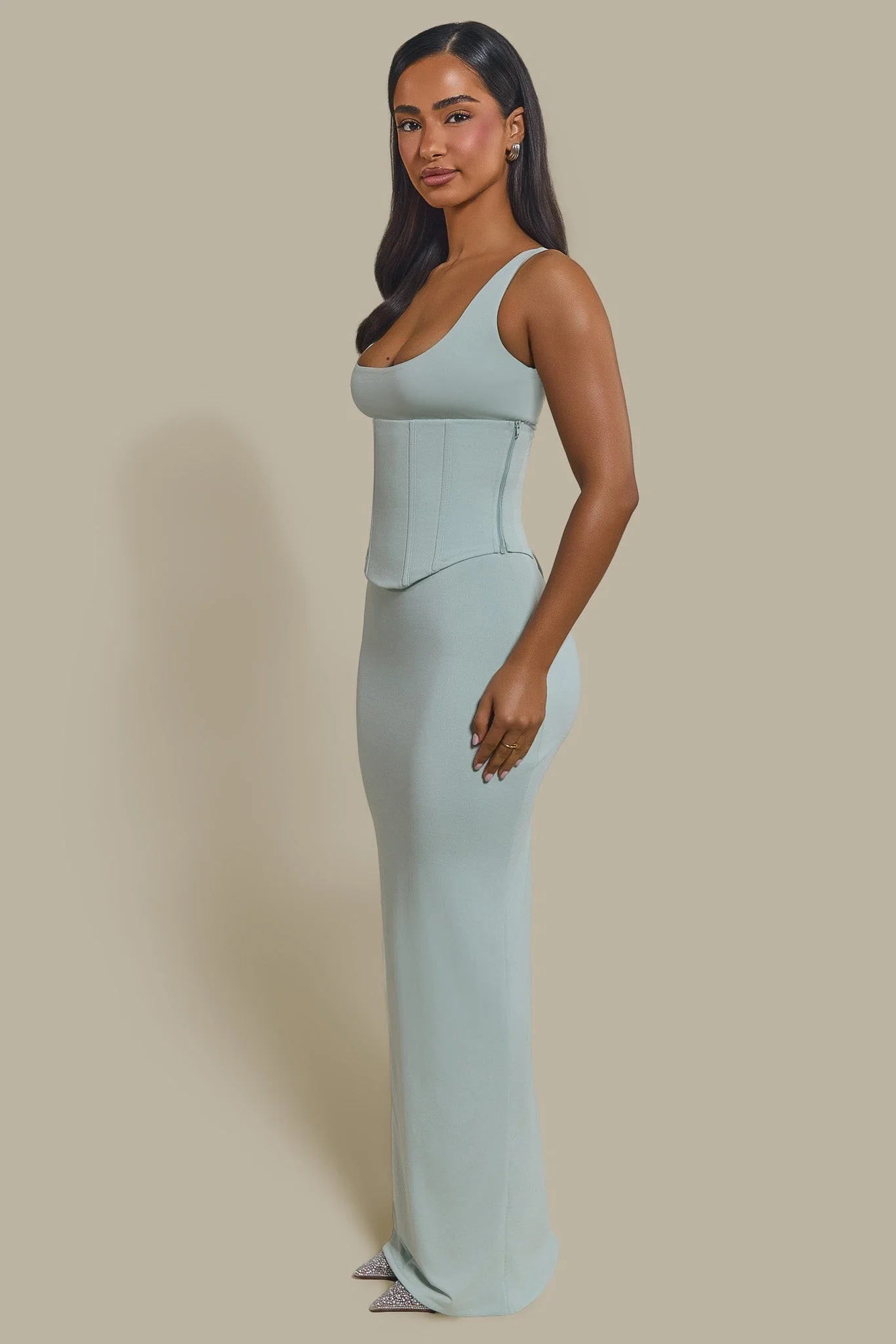 The Sandra Scoop Corset Maxi Dress in Light Blue - Image 3