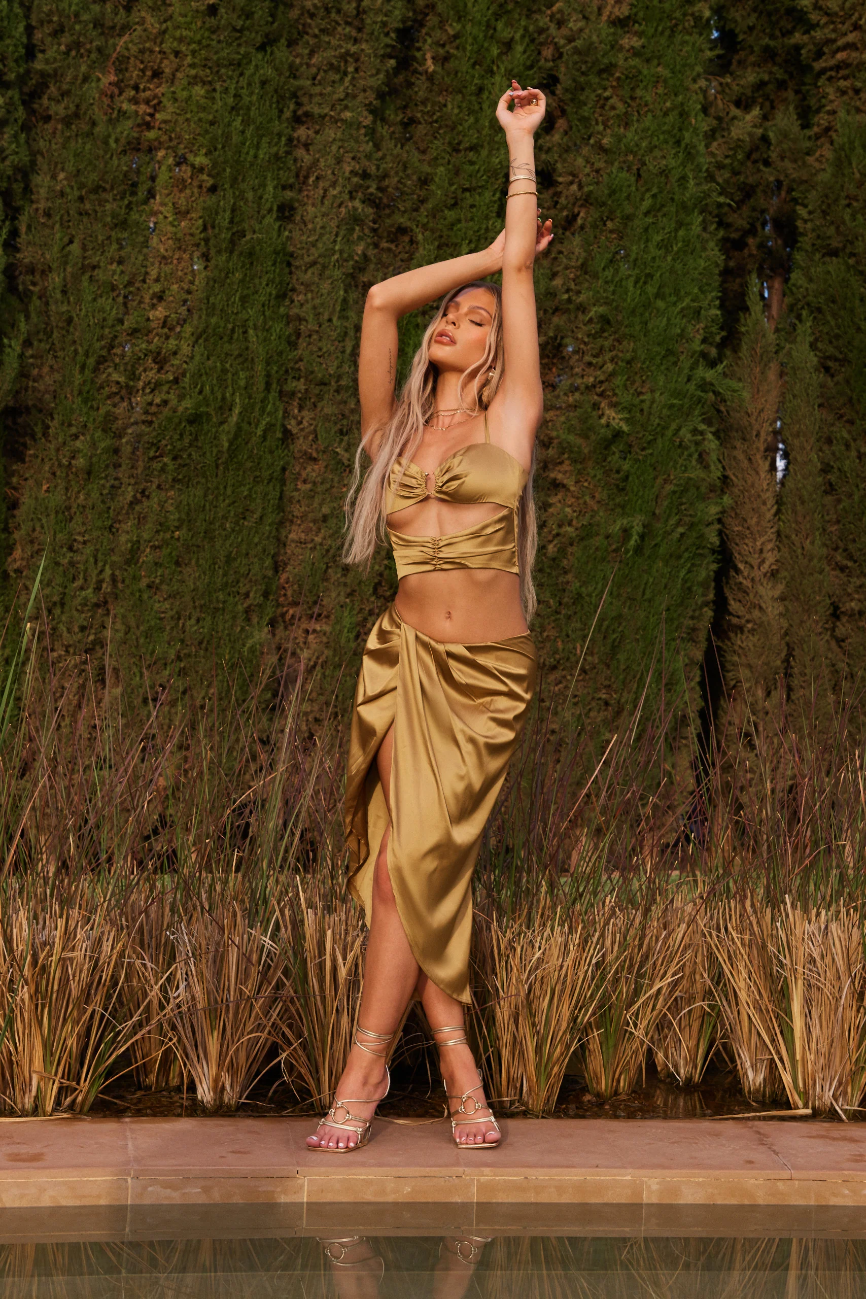 The Satin Drape Cut Out Set in Olive - Image 2